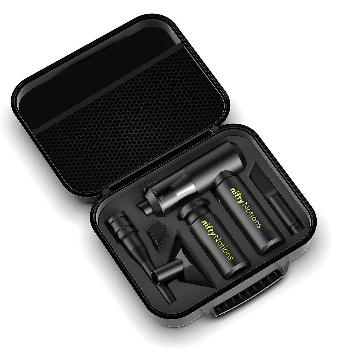The SewClean travel case open at an angle, showing the vacuum, battery, and attachments seated in the black foam insert, with a mesh pocket inside the lid.