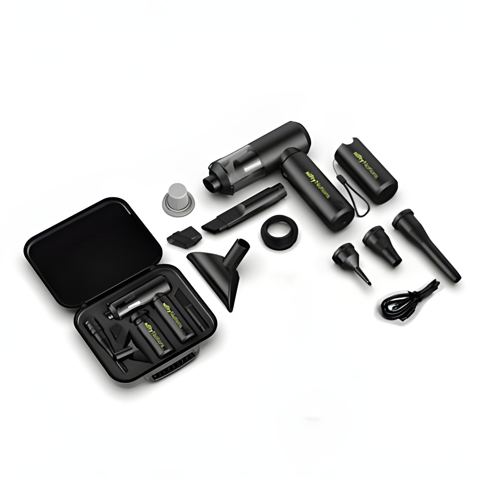 The SewClean kit spread out on white beside its open travel case: vacuum, detachable battery, six attachments, ring adapter, a white pleated filter, and the USB-C cable.