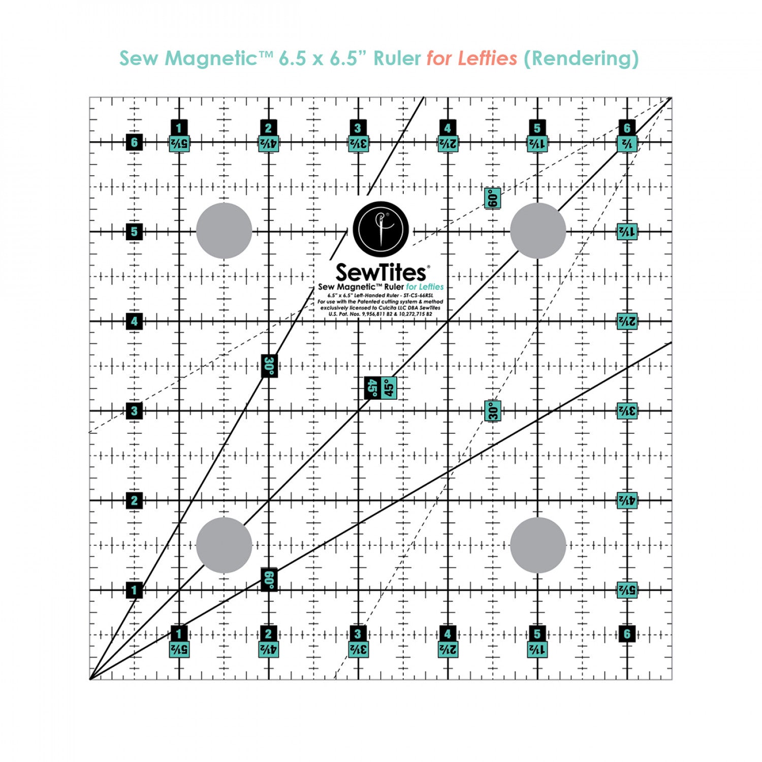 Sew Magnetic 6.5 Inch Square Left-Handed Ruler for use with Sew Magnetic Mats from SewTites