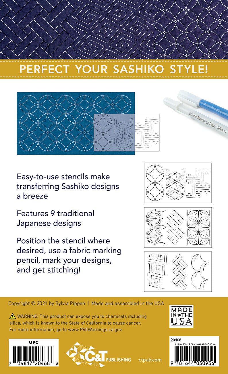 Package back of Sashiko Stencils, Traditional Collection by Sylvia Pippen from C&T Publishing: a translucent stencil laid over blue cloth marked with overlapping circles, two marking pens, and drawings of the three stencils, each holding three of the nine designs, above the C&T barcode.