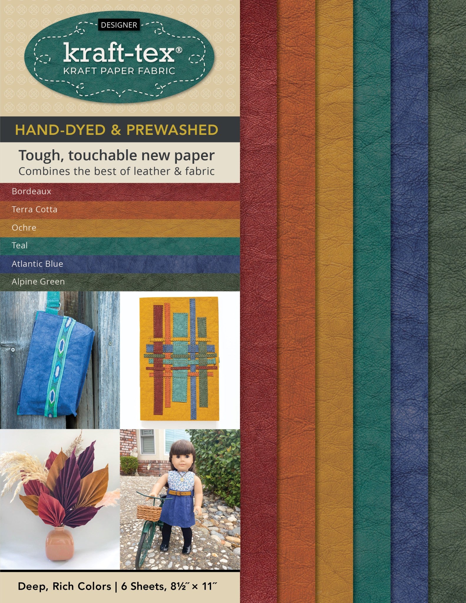 Kraft-Tex Designer Sampler package by C&T Publishing, showing six hand-dyed prewashed paper fabric sheets in Bordeaux, Terra Cotta, Ochre, Teal, Atlantic Blue, and Alpine Green, with the Designer kraft-tex Hand-Dyed and Prewashed label and small project photos, marked Deep, Rich Colors, 6 Sheets 8.5 by 11 inches.