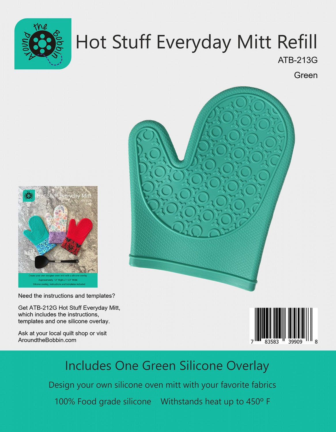 Green Silicone Mitt Refill for use with any Hot Stuff Everyday Mitt Sewing Pattern by Lisa Amundson for Around the Bobbin