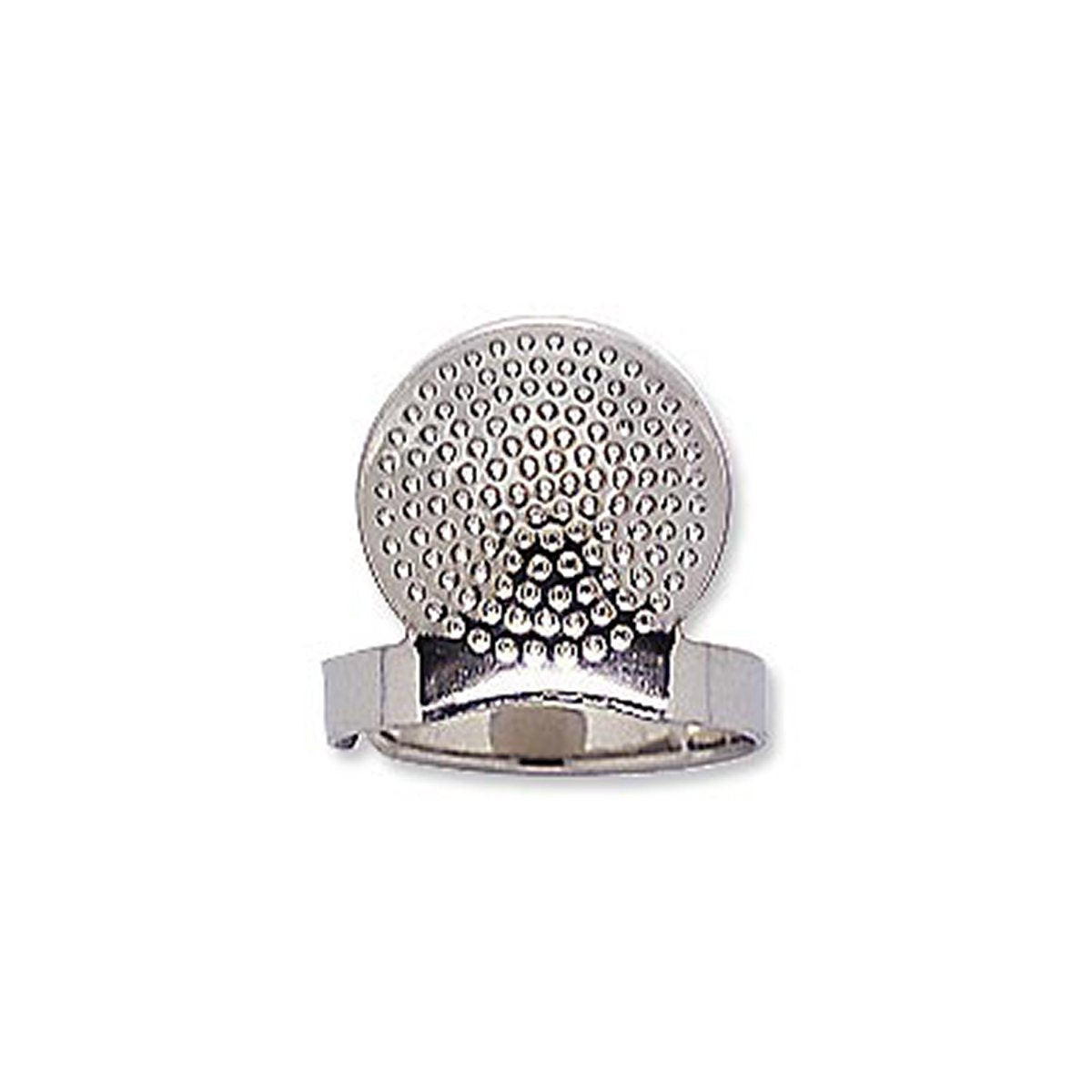Clover adjustable ring thimble on a white background: a round silver-colored plate covered with small dimples, set on an open adjustable ring.