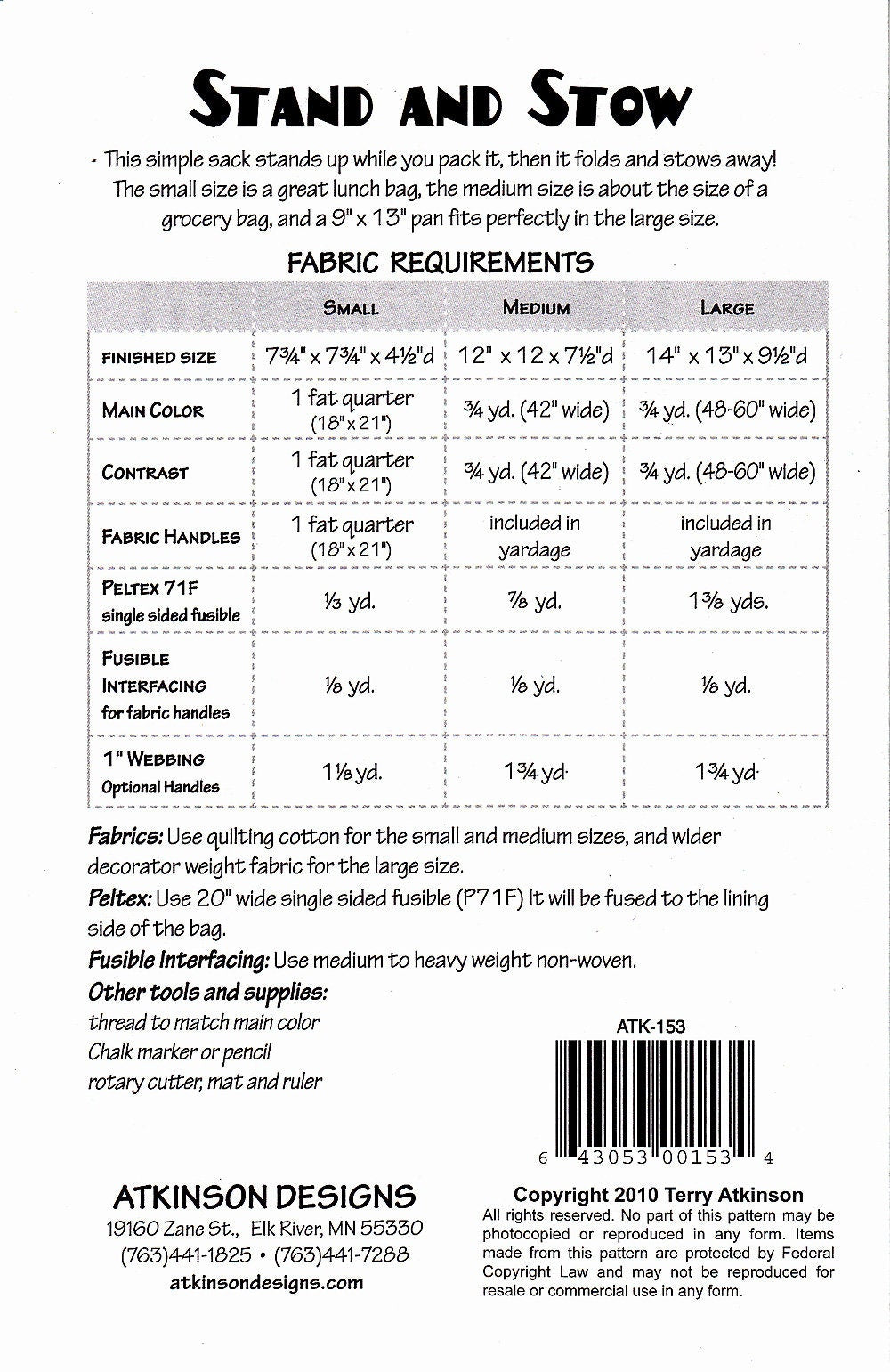 Stand 'N Stow Sewing Pattern by Terry Atkinson of Atkinson Designs