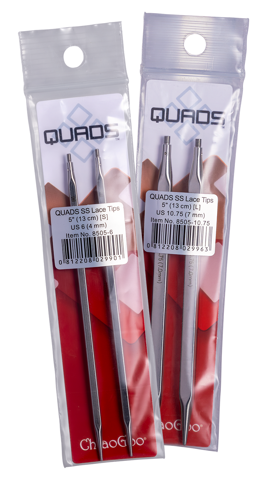 Two packages of ChiaoGoo QUADS 5-inch square stainless steel lace tips on a gray background. The white label on the left package reads QUADS SS Lace Tips, 5 inch (13 cm) [S], US 6 (4 mm), Item No. 8505-6. The label on the right package reads 5 inch (13 cm) [L], US 10.75 (7 mm), Item No. 8505-10.75. Each label has a barcode, and each package holds two square tips with threaded ends.