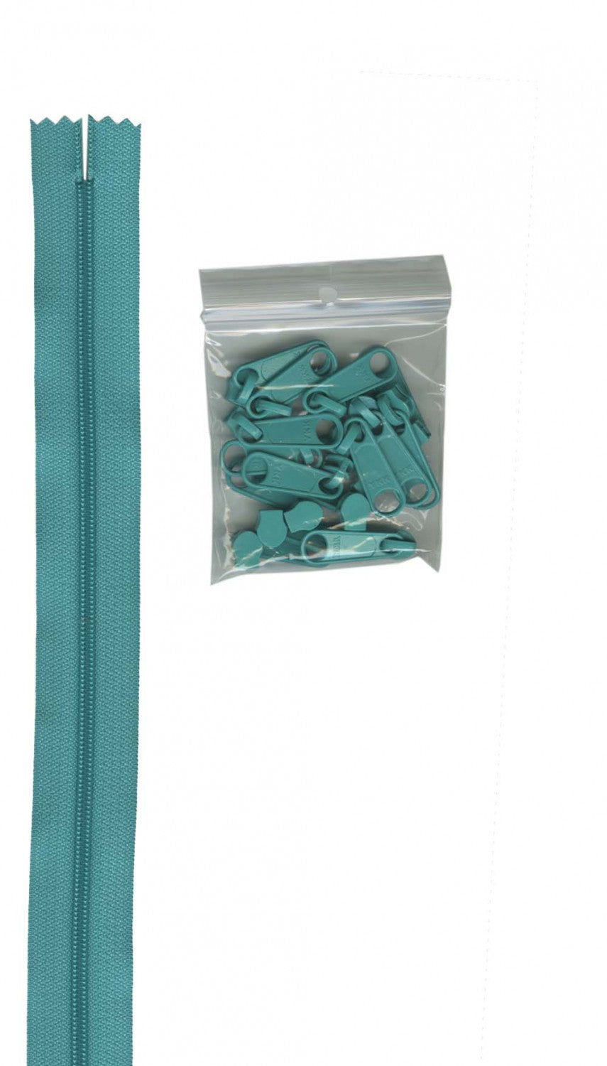 Turquoise #4.5 Nylon Zipper Tape: 4 Yards with 16 Extra-Large Coordinated Pulls from ByAnnie