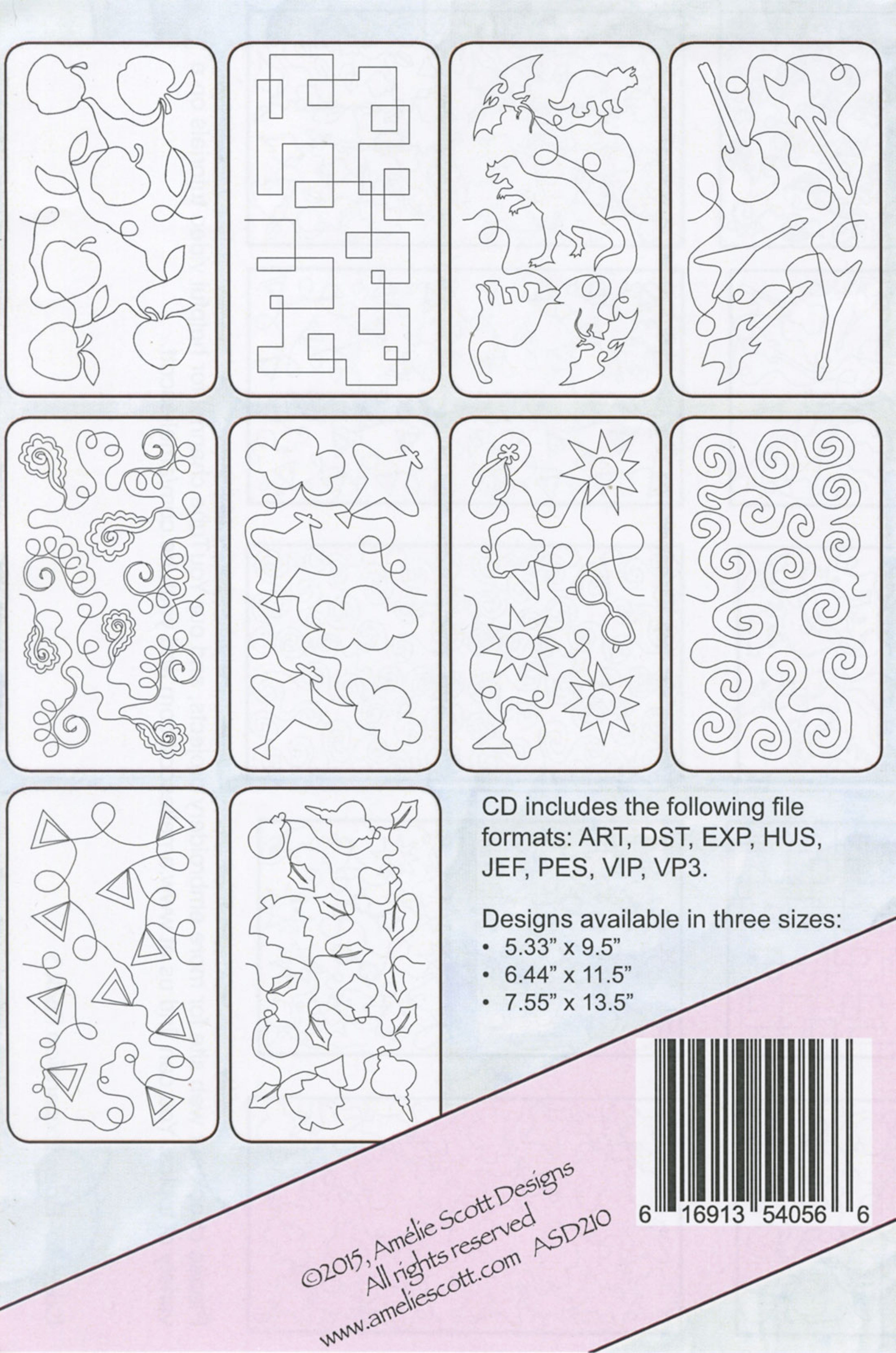 Back cover of Amelie Scott Designs Expansion Pack 3 showing all 10 continuous-line edge-to-edge quilting designs in a grid: apple meander, boxes, dino meander, guitars, loopy paisleys, plane meander, summer fun, swirls, triangle meander, and trees and ornaments. A panel lists the included file formats (ART, DST, EXP, HUS, JEF, PES, VIP, VP3) and the three available design sizes.