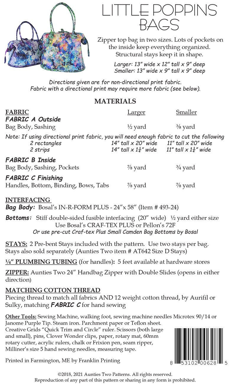 Little Poppins Bags pattern back cover with the materials list for the larger and smaller bags: outside, inside, and finishing fabric, Bosal In-R-Form Plus 24 by 58 inches, stiff double-sided fusible interfacing or precut Small Camden Bag Bottoms, 2 pre-bent stays, 1/4 inch plumbing tubing for the handles, a 24 inch double-slide handbag zipper, thread, and tools.