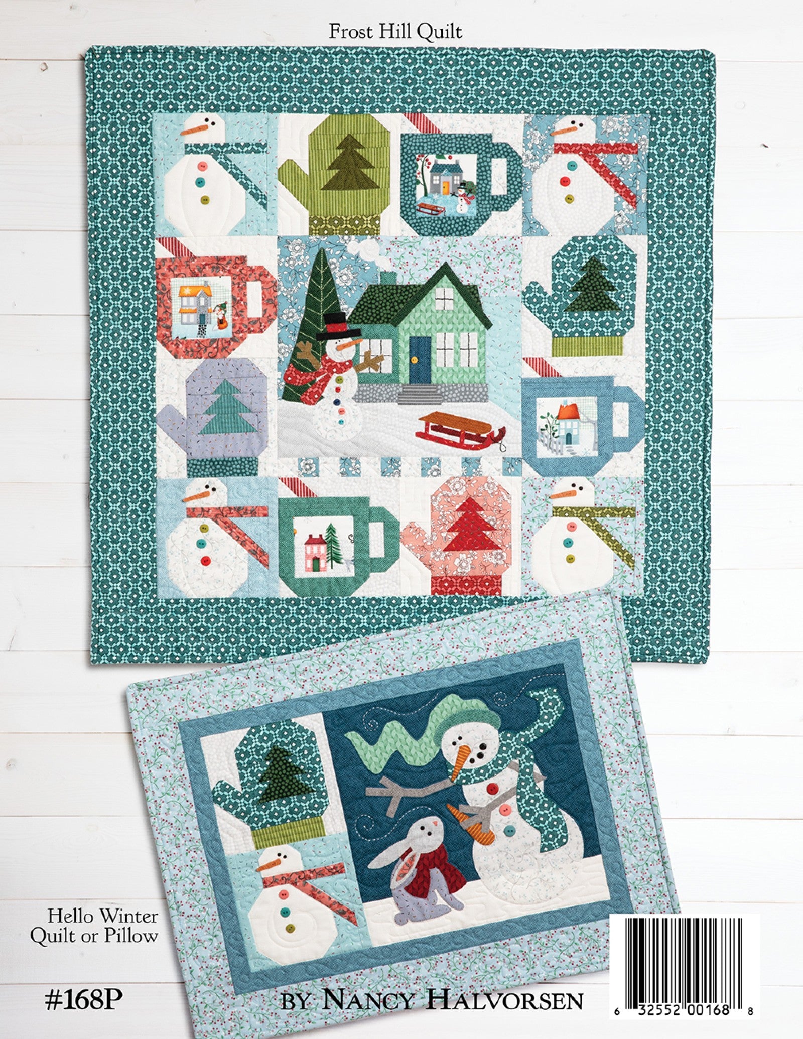 Back cover of the Frost Hill on Wander Lane pattern showing the finished Frost Hill quilt with its bonus projects and item number, by Nancy Halvorsen.