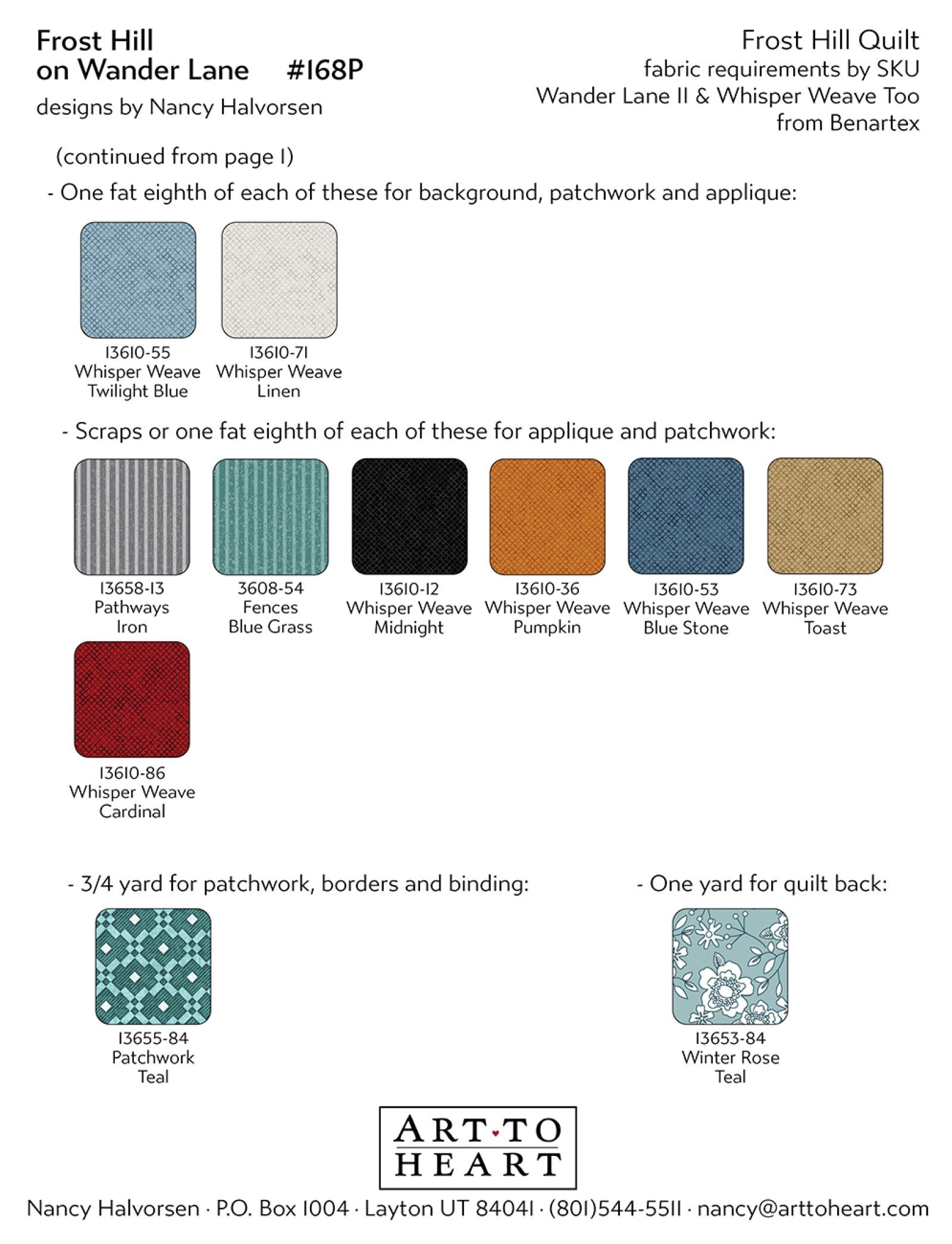 Continued fabric requirements page for the Frost Hill quilt with additional color swatches for patchwork, borders, binding, and quilt backing.