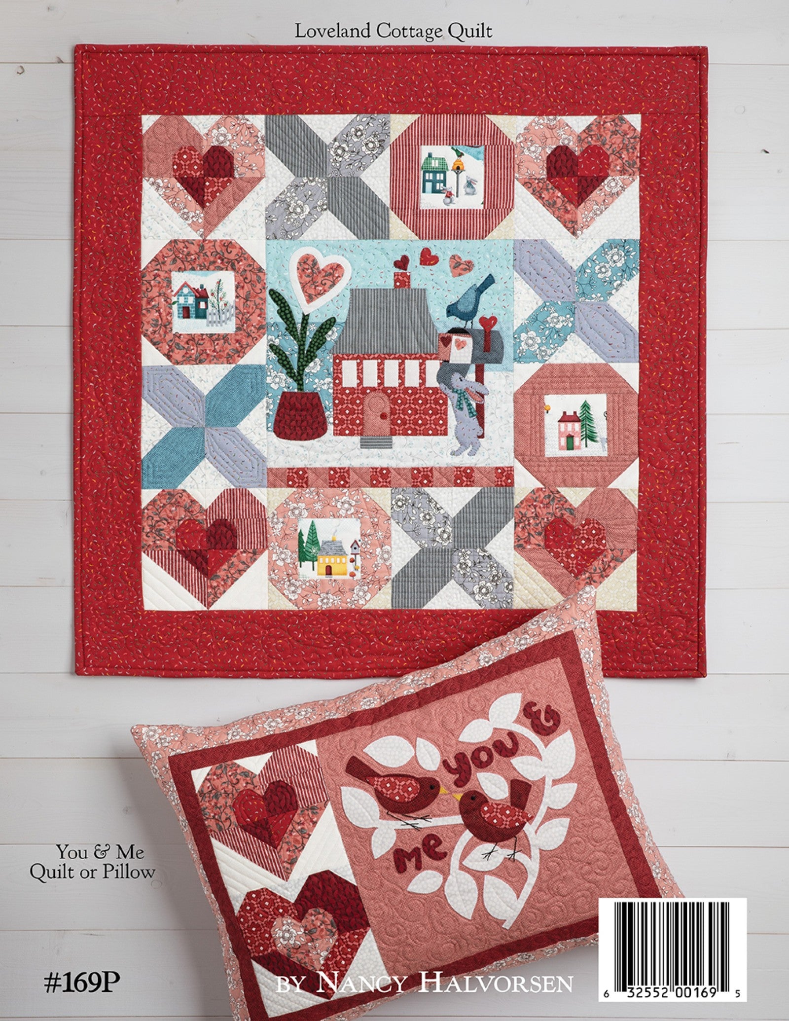 Back cover of the Loveland Cottage on Wander Lane pattern showing the finished Loveland Cottage quilt with its bonus projects and item number, by Nancy Halvorsen.