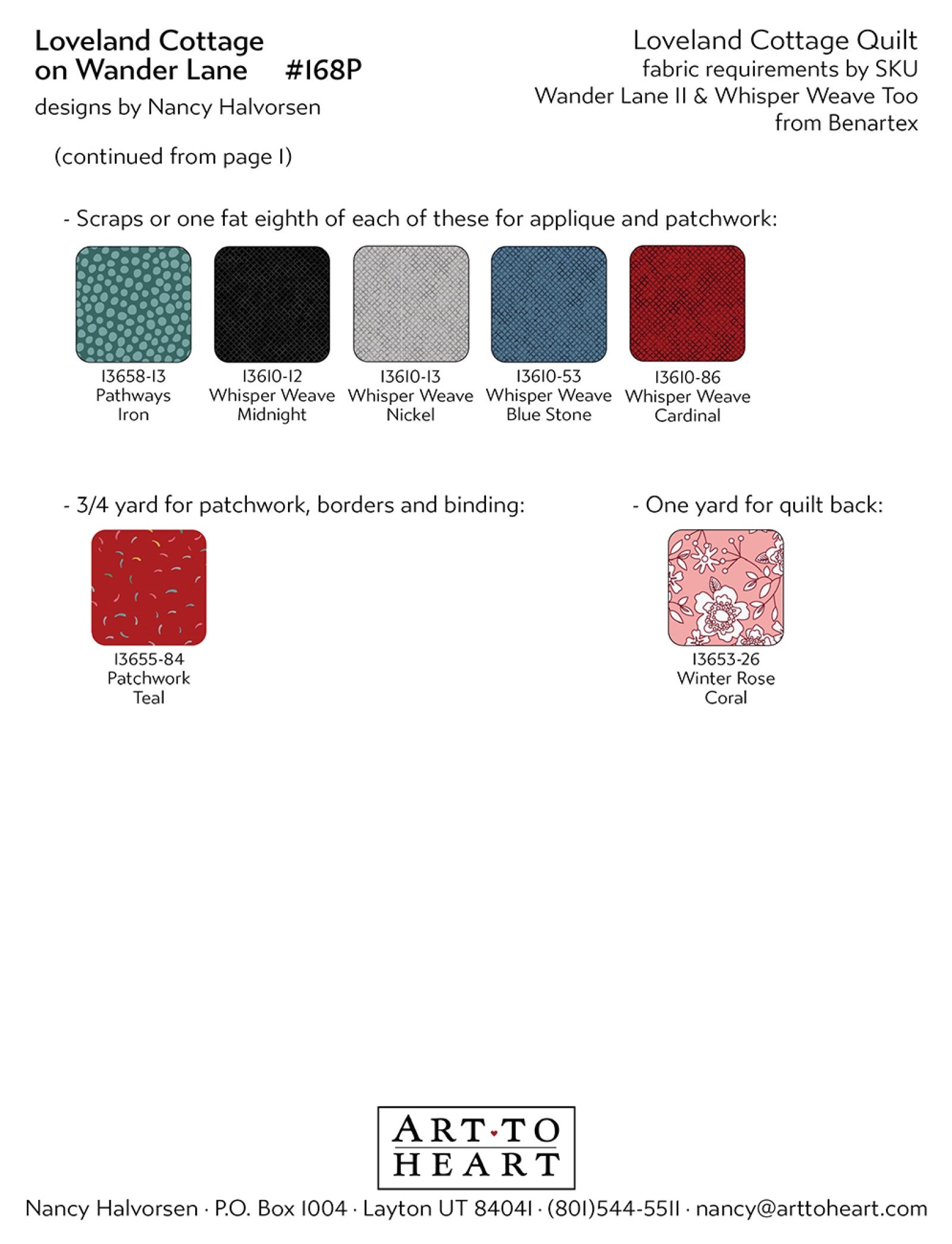 Continued fabric requirements page for the Loveland Cottage quilt with additional color swatches for patchwork, borders, binding, and quilt backing.