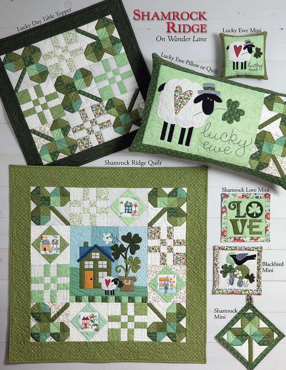 Shamrock Ridge on Wander Lane back cover showing all included projects in green, cream, and floral fabrics: the Shamrock Ridge quilt, Lucky Day table topper, Lucky Ewe pillow or quilt, Lucky Ewe mini, Shamrock Love mini, Blackbird mini, and Shamrock mini.