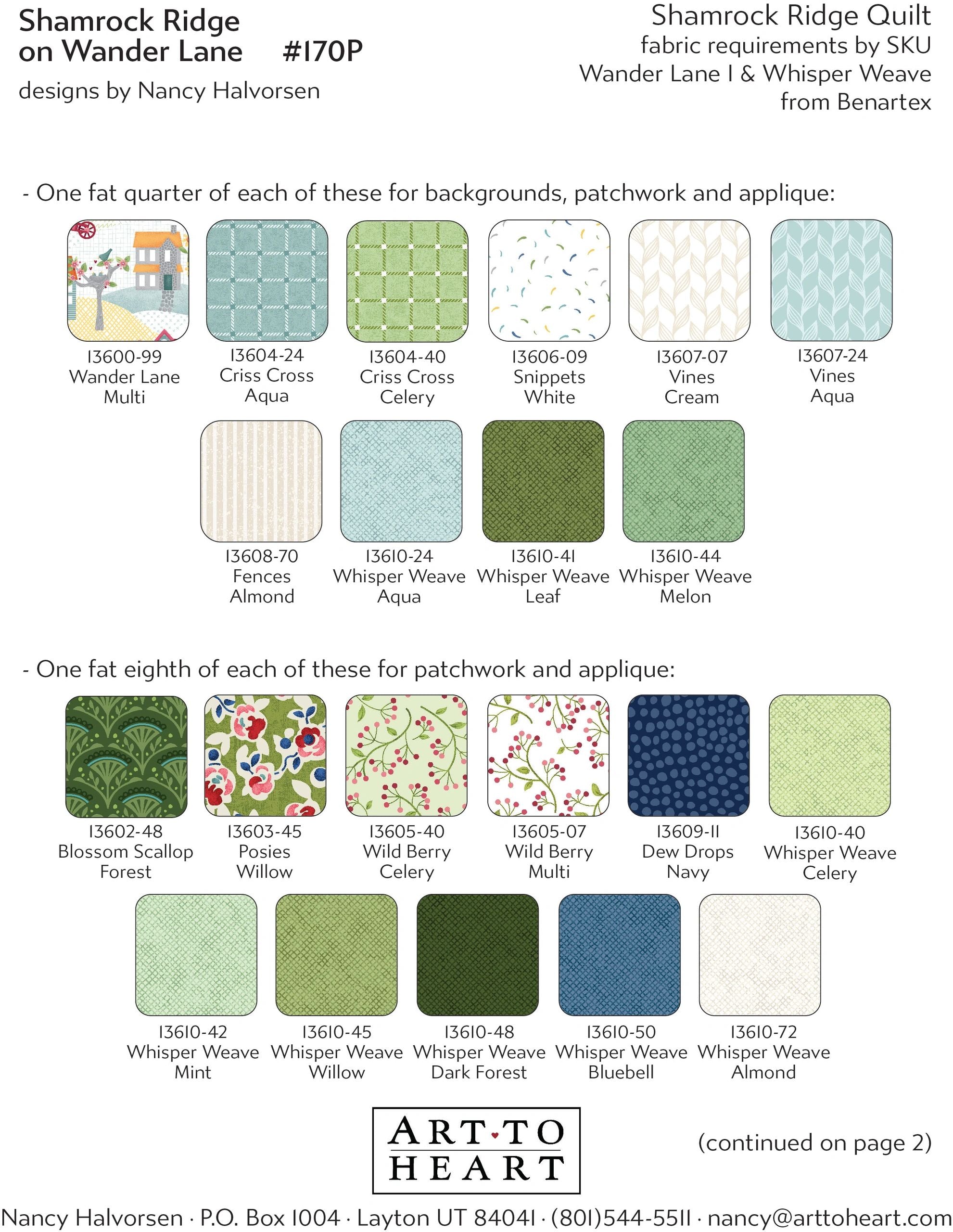 Fabric requirements chart for the Shamrock Ridge on Wander Lane quilt showing Wander Lane I and Whisper Weave fabrics by Benartex with color swatches and SKU numbers for backgrounds, patchwork, and applique.