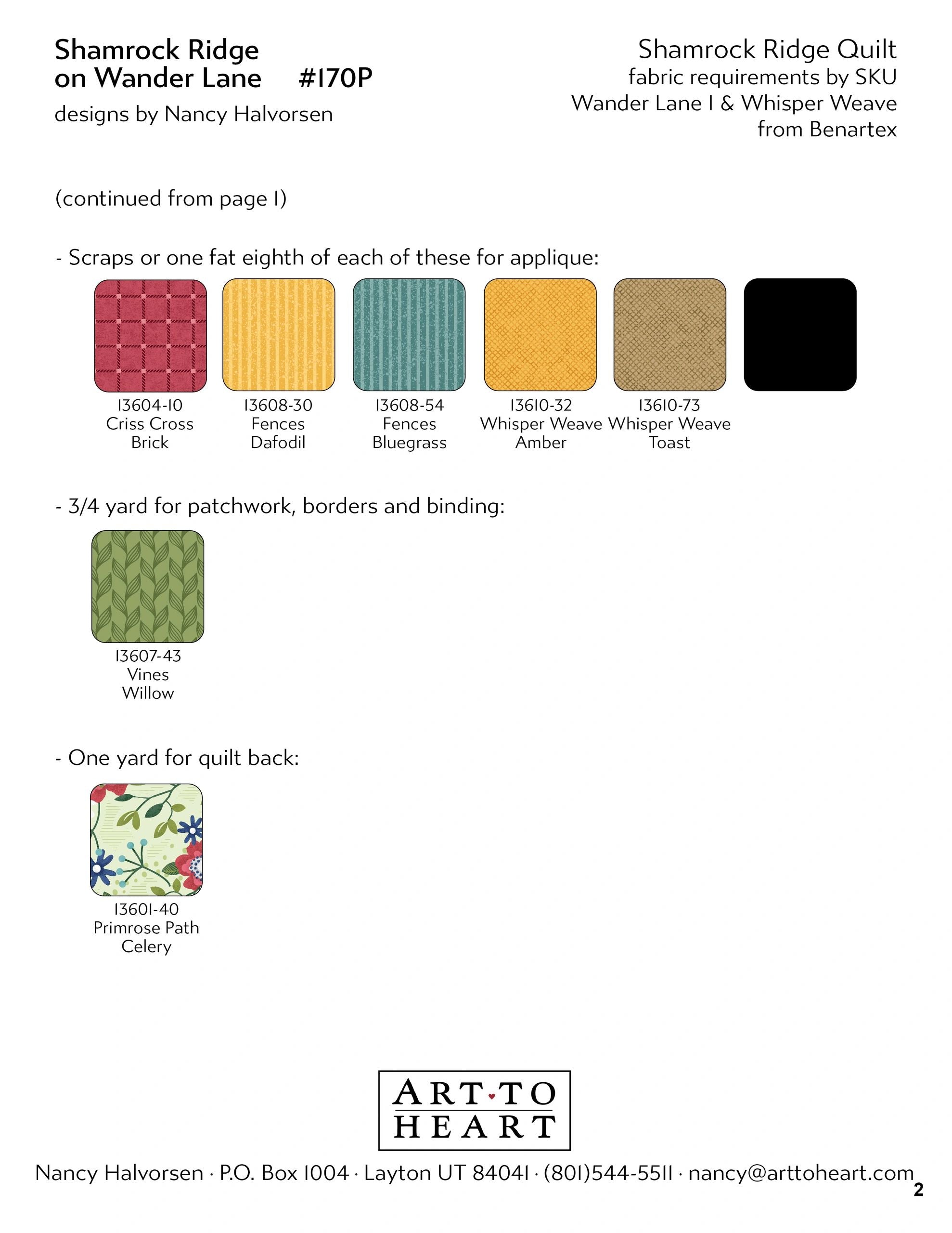 Continued fabric requirements chart for the Shamrock Ridge on Wander Lane quilt with Benartex color swatches and SKU numbers for applique scraps, patchwork, borders, binding, and quilt backing.