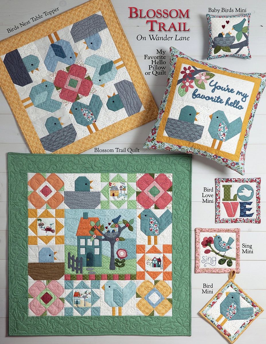 Blossom Trail on Wander Lane back cover showing all included projects: the Blossom Trail quilt, Birds Nest table topper, My Favorite Hello pillow or quilt, Baby Birds mini, Bird Love mini, Sing mini, and Bird mini in aqua, coral, and cream fabrics.