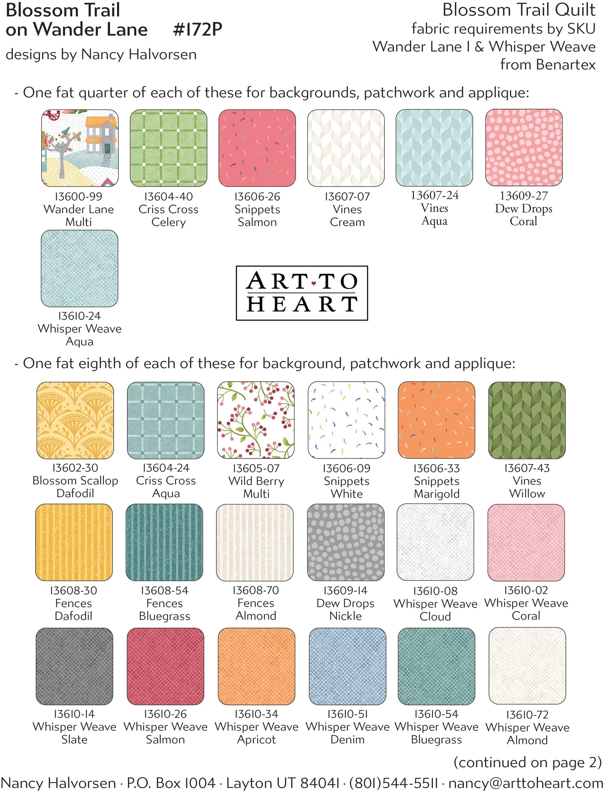 Fabric requirements chart for the Blossom Trail on Wander Lane quilt showing Wander Lane I and Whisper Weave fabrics by Benartex with color swatches and SKU numbers for backgrounds, patchwork, and applique.