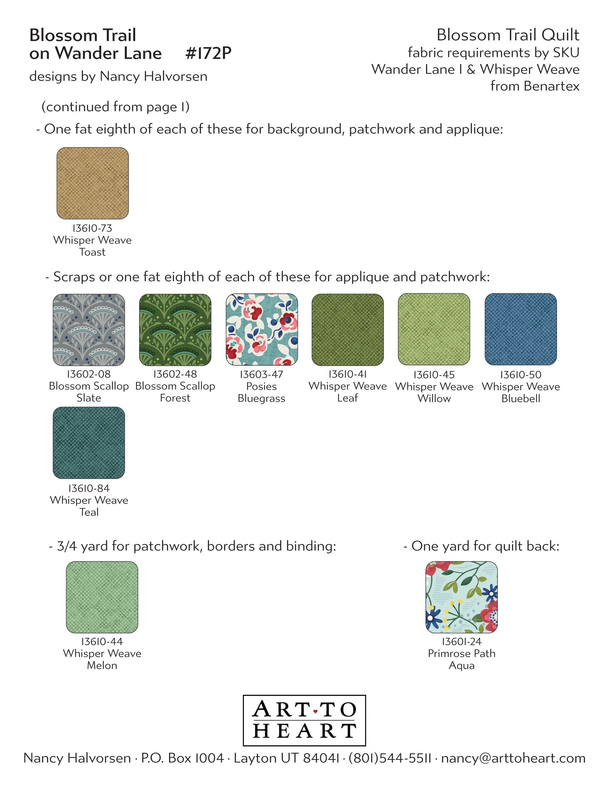 Continued fabric requirements chart for the Blossom Trail on Wander Lane quilt with Benartex color swatches and SKU numbers for applique, patchwork, borders, binding, and backing.