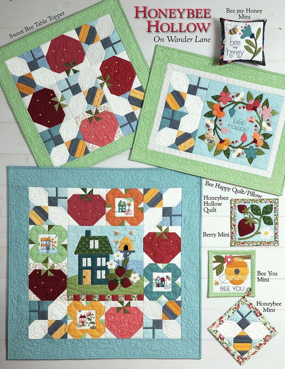 Honeybee Hollow on Wander Lane back cover showing all included projects: the Honeybee Hollow quilt, Sweet Bee table topper, Bee Happy quilt or pillow, Bee My Honey mini, Berry mini, Bee You mini, and Honeybee mini in red, teal, and gold fabrics.