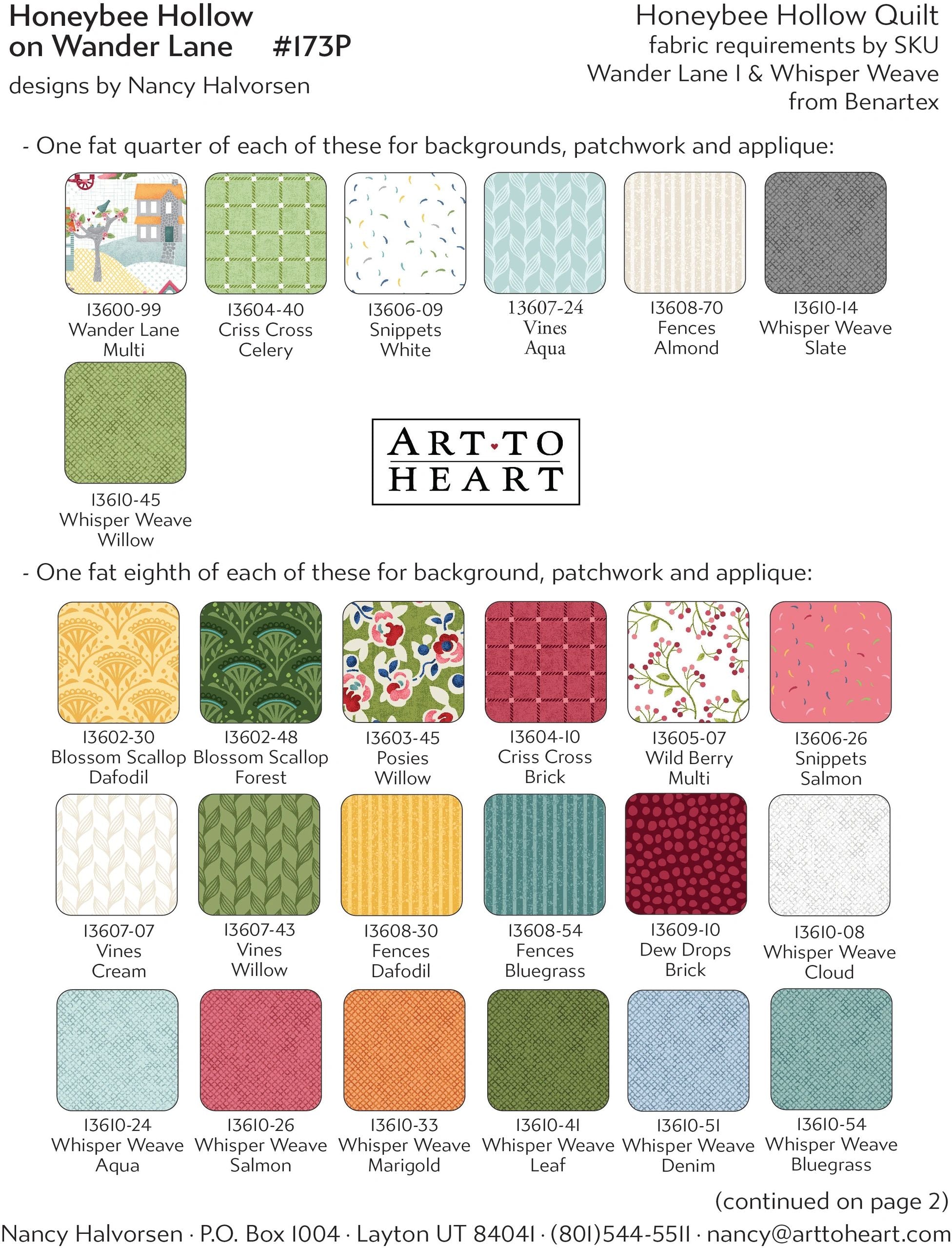 Fabric requirements chart for the Honeybee Hollow on Wander Lane quilt showing Wander Lane I and Whisper Weave fabrics by Benartex with color swatches and SKU numbers for backgrounds, patchwork, and applique.