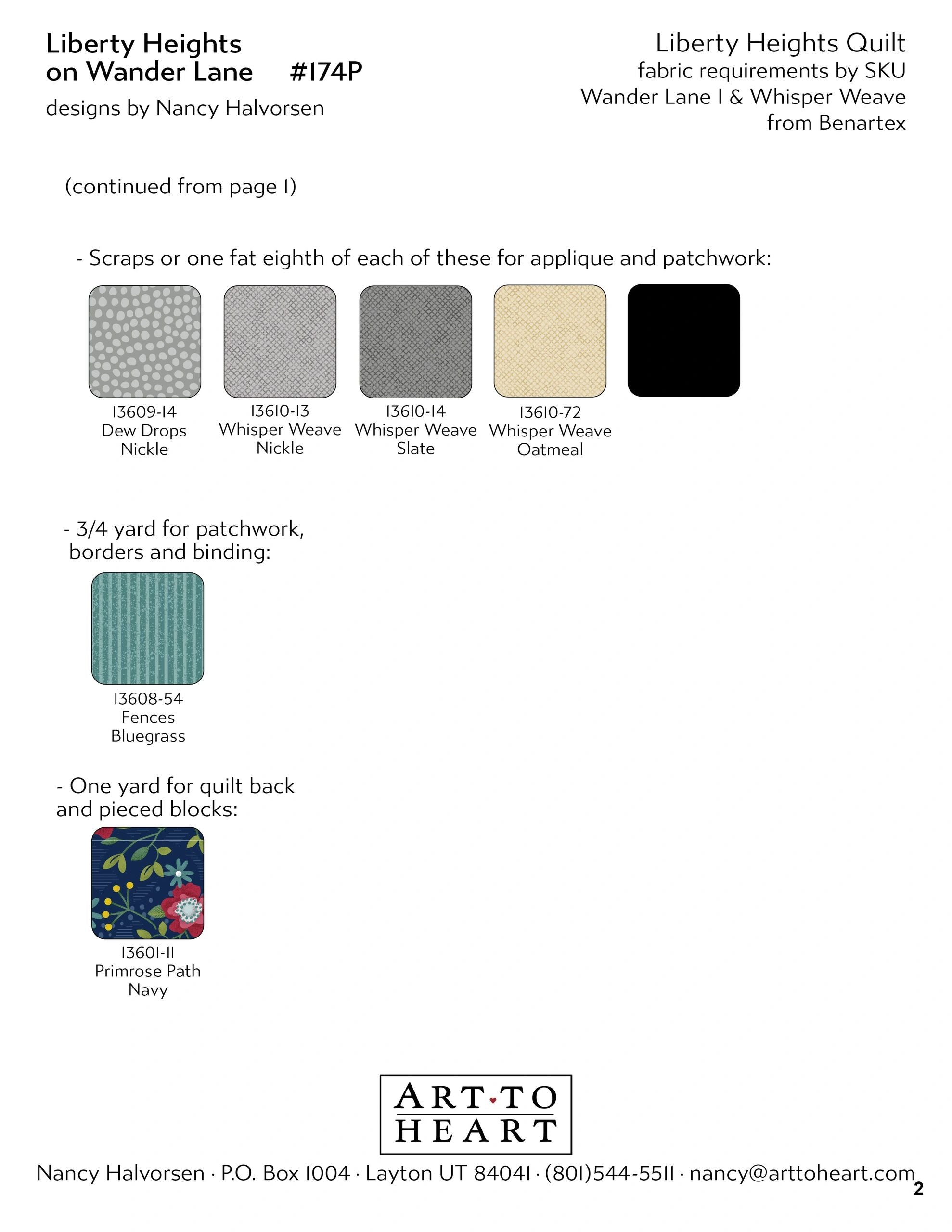 Continued fabric requirements chart for the Liberty Heights on Wander Lane quilt with Benartex color swatches and SKU numbers for applique, patchwork, borders, binding, and backing.