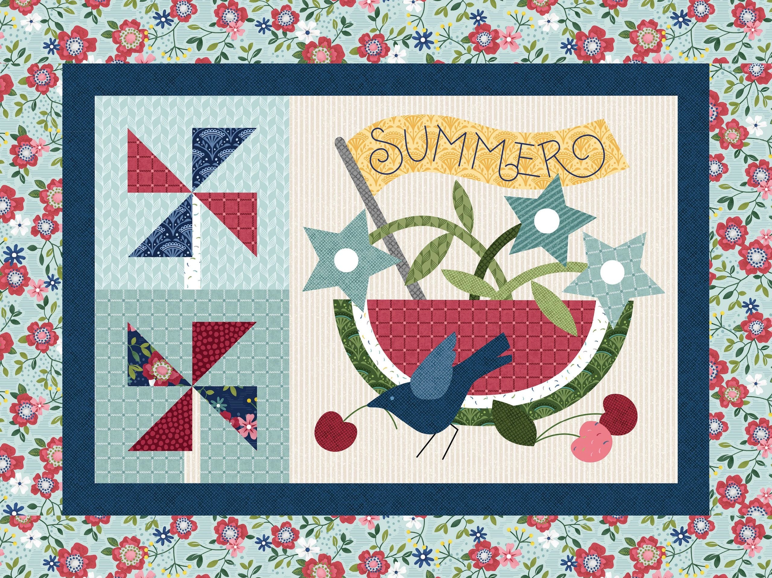 Sweet Summer project from the Liberty Heights on Wander Lane pattern, an appliqued watermelon basket with a SUMMER banner, patriotic stars, a blue bird, and cherries beside two pinwheel blocks, framed by a navy border and red and blue floral print, made as a pillow or small quilt.