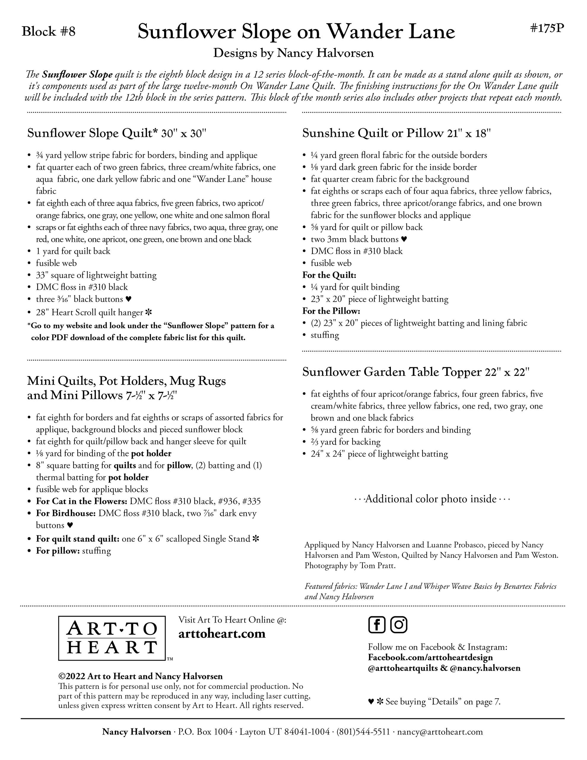 Materials and project page for the Sunflower Slope on Wander Lane pattern, Block 8, listing fabric, batting, floss, and button requirements for the quilt, Sunshine quilt or pillow, Sunflower Garden table topper, and coordinating mini projects.