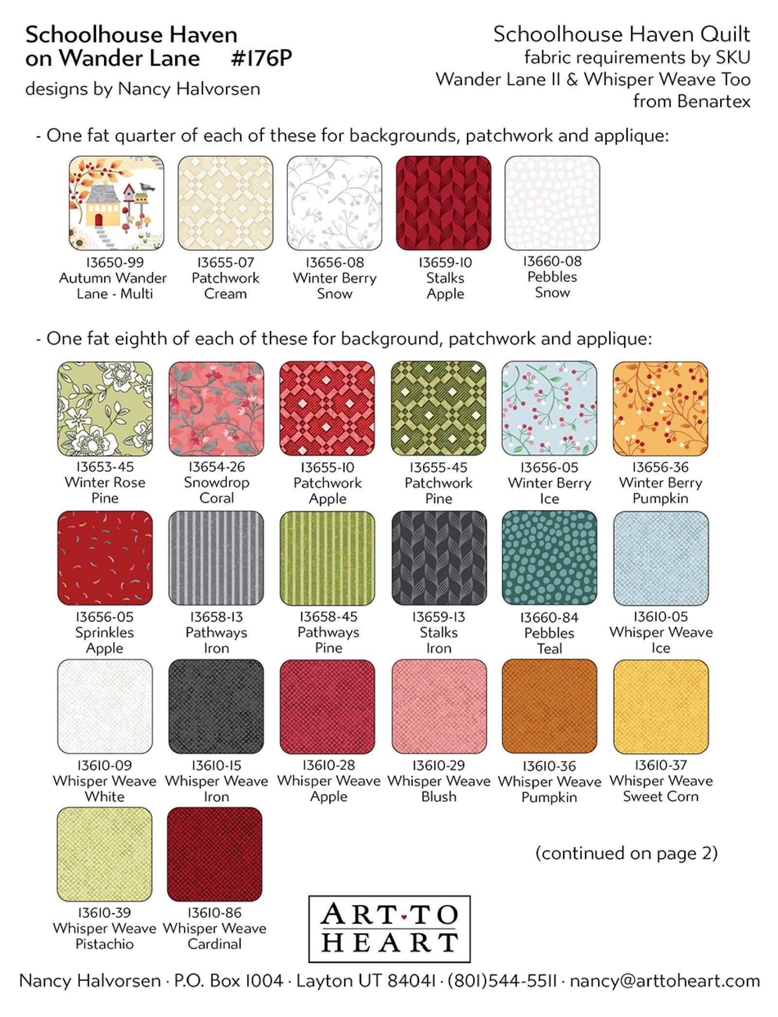 Fabric requirements page for the Schoolhouse Haven quilt listing Benartex Wander Lane and Whisper Weave fabrics with color swatches for background, patchwork, and appliqué.