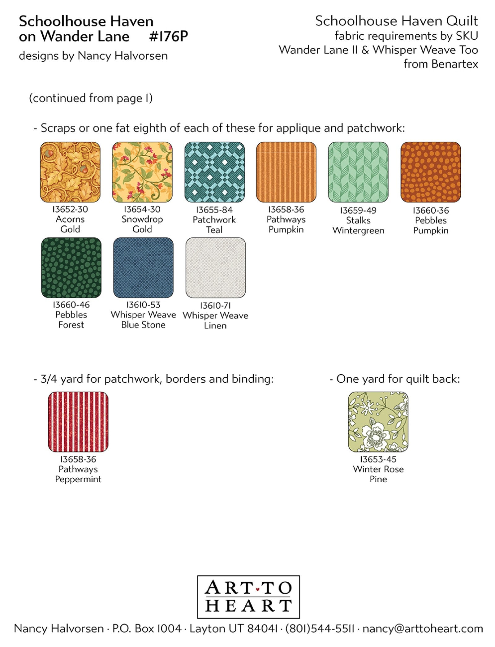 Continued fabric requirements page for the Schoolhouse Haven quilt with additional color swatches for patchwork, borders, binding, and quilt backing.