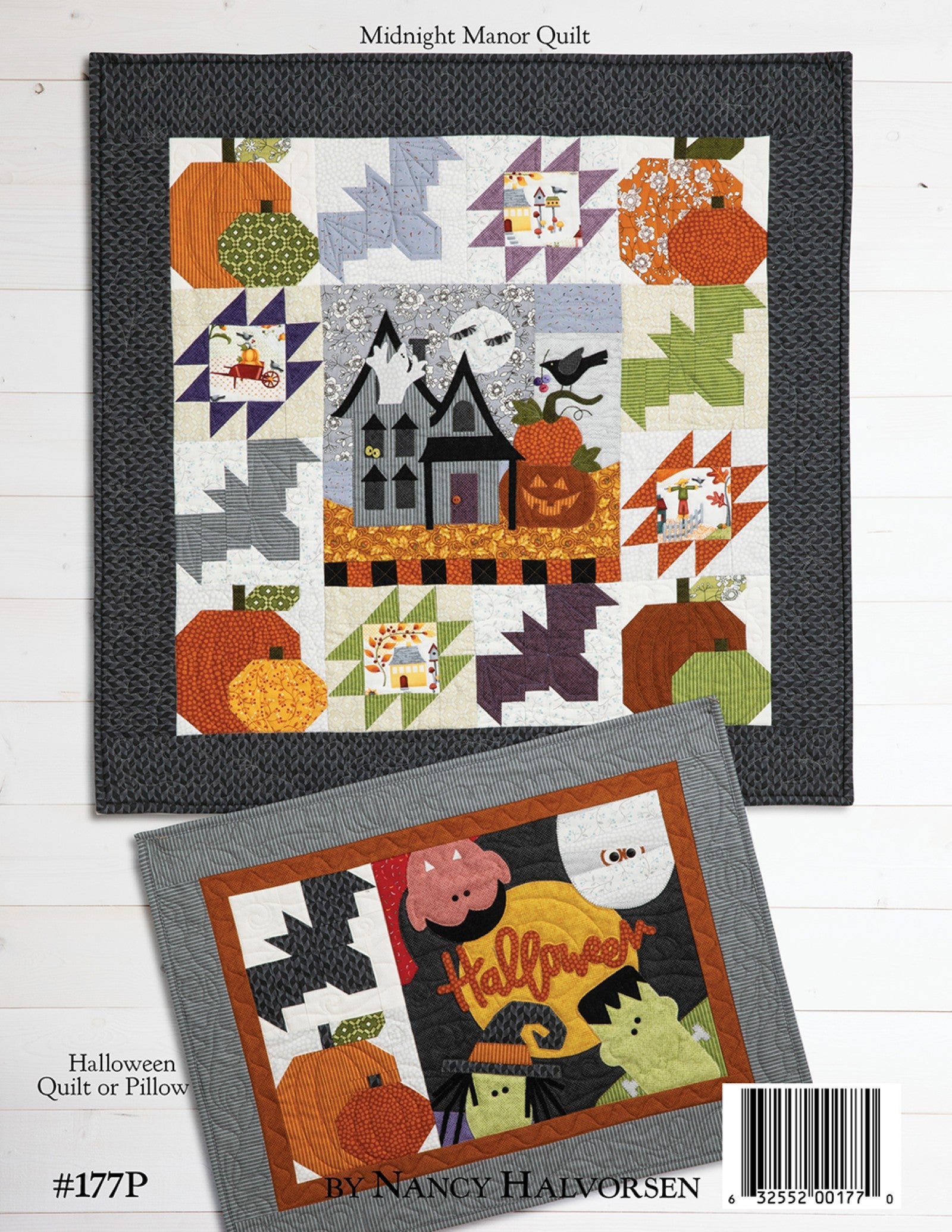 Back cover of the Midnight Manor on Wander Lane pattern showing the finished Midnight Manor quilt with its bonus projects and item number, by Nancy Halvorsen.