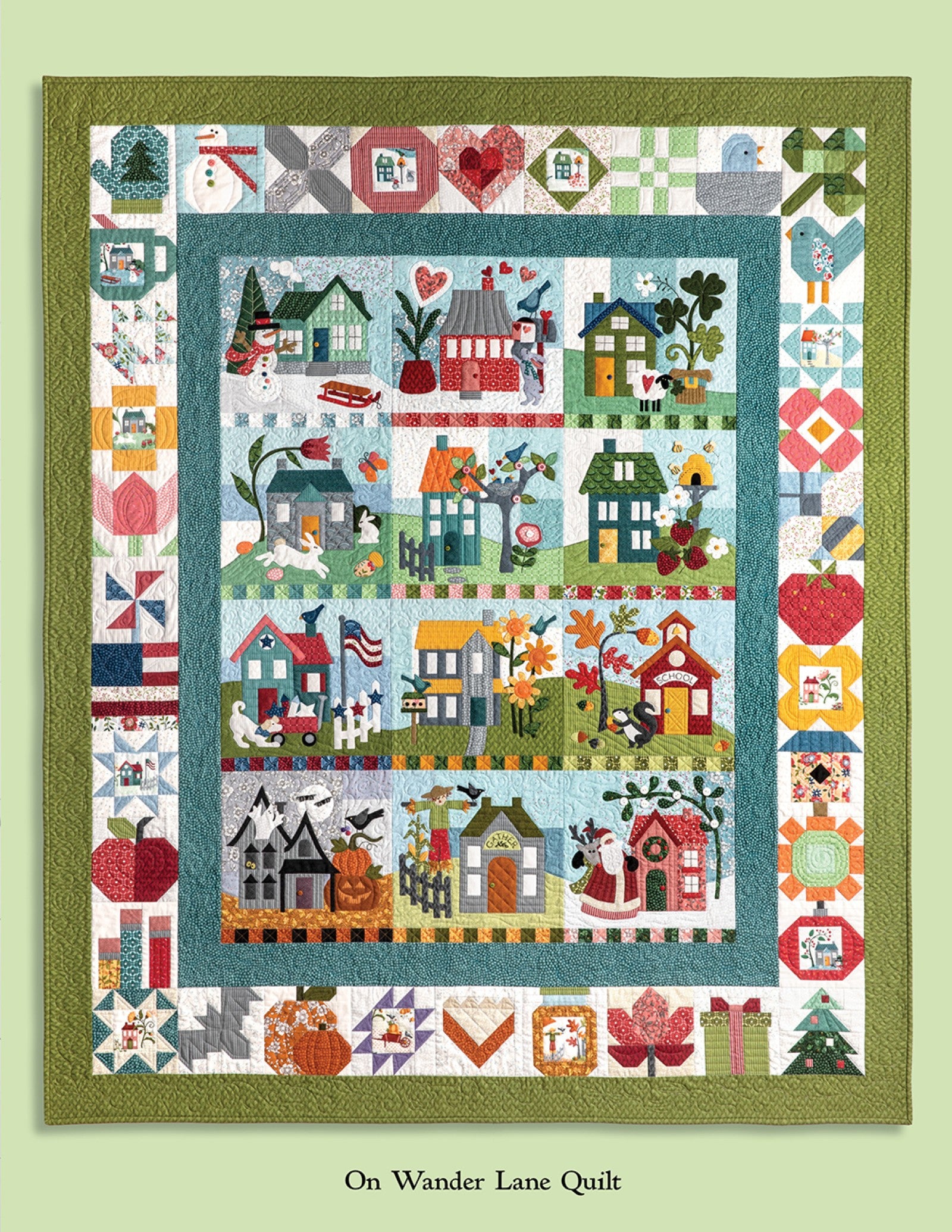 The complete On Wander Lane quilt with all twelve monthly appliqué blocks joined into one 60 by 72 inch sampler quilt by Nancy Halvorsen.