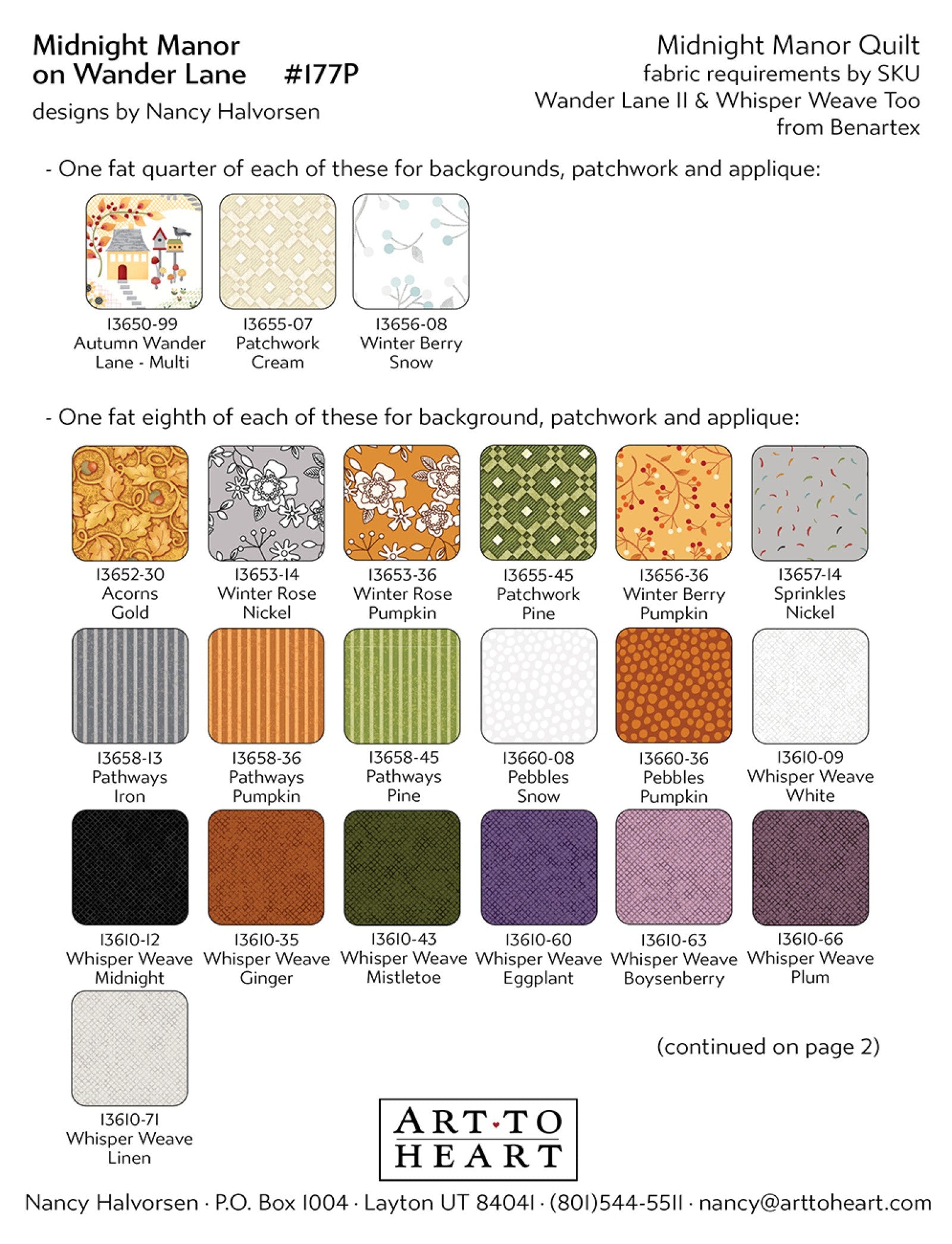 Fabric requirements page for the Midnight Manor quilt listing Benartex Wander Lane and Whisper Weave fabrics with color swatches for background, patchwork, and appliqué.