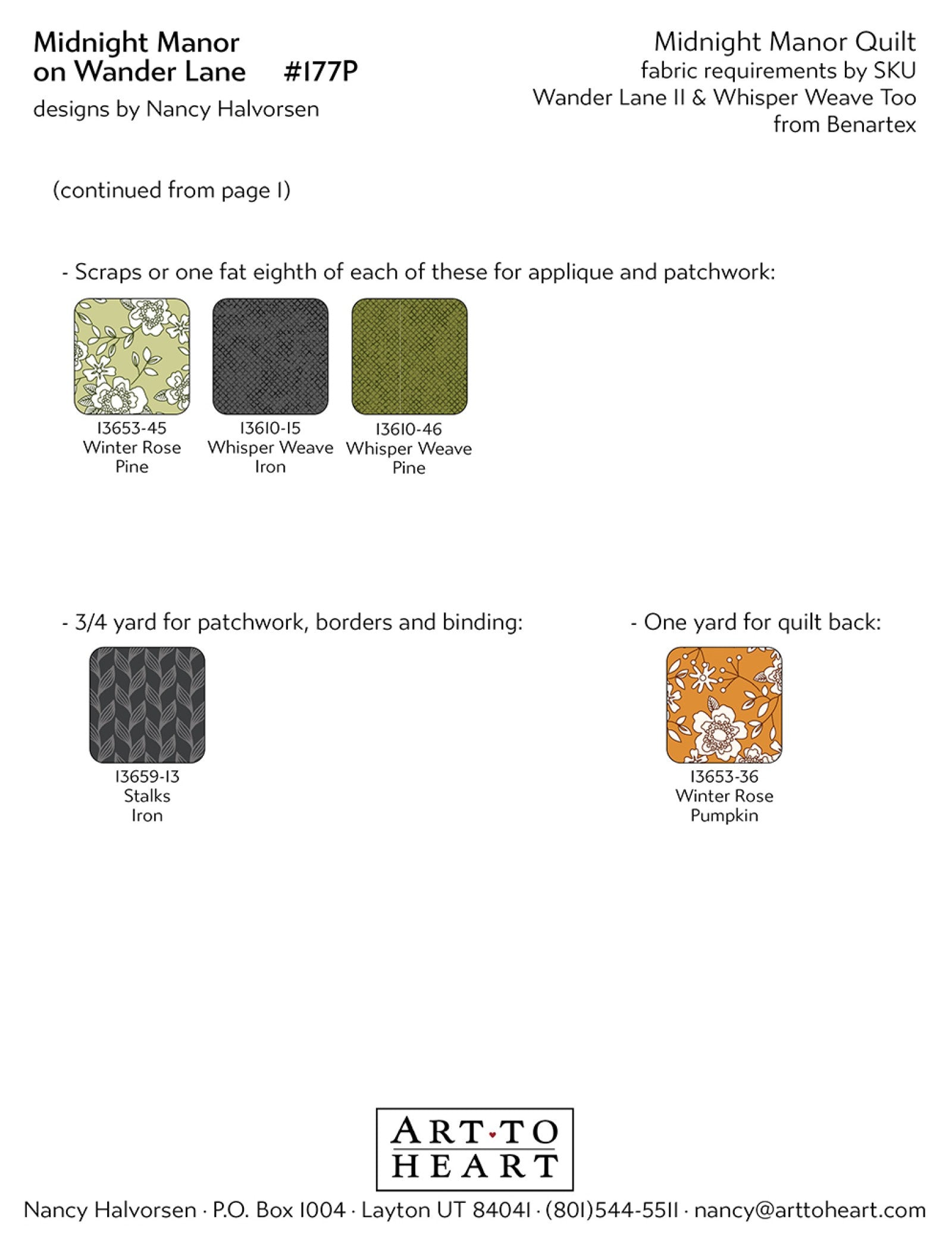 Continued fabric requirements page for the Midnight Manor quilt with additional color swatches for patchwork, borders, binding, and quilt backing.