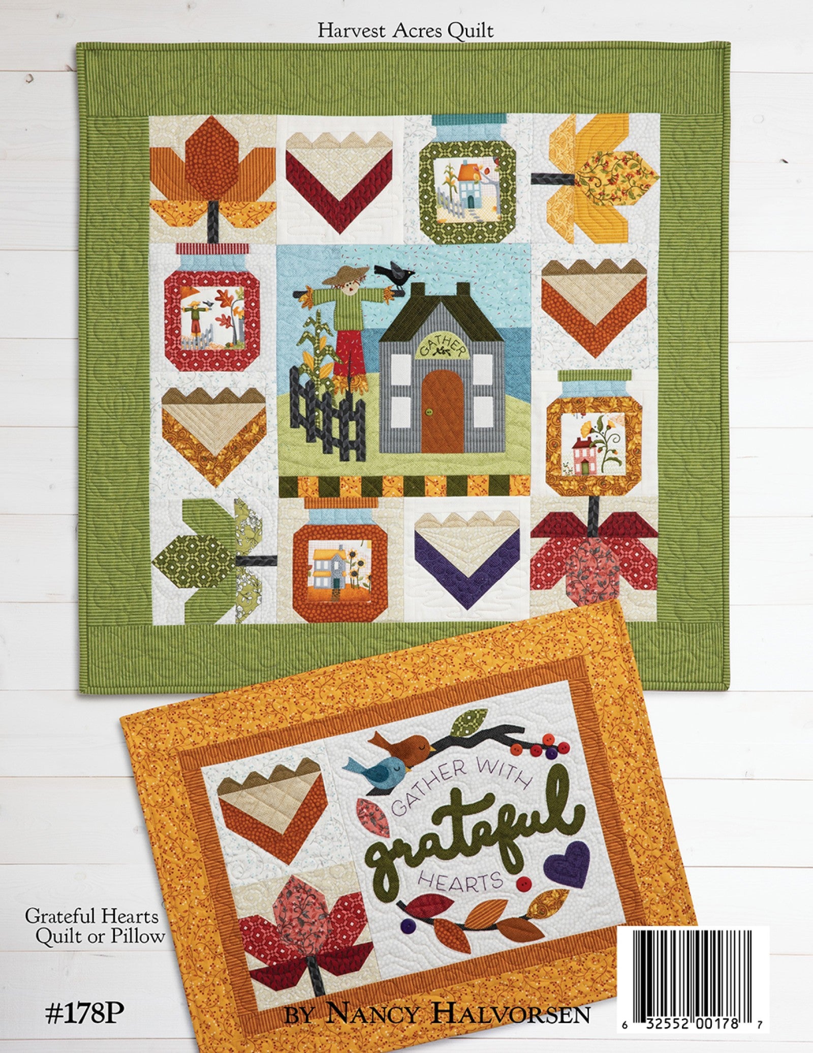 Back cover of the Harvest Acres on Wander Lane pattern showing the finished Harvest Acres quilt with its bonus projects and item number, by Nancy Halvorsen.