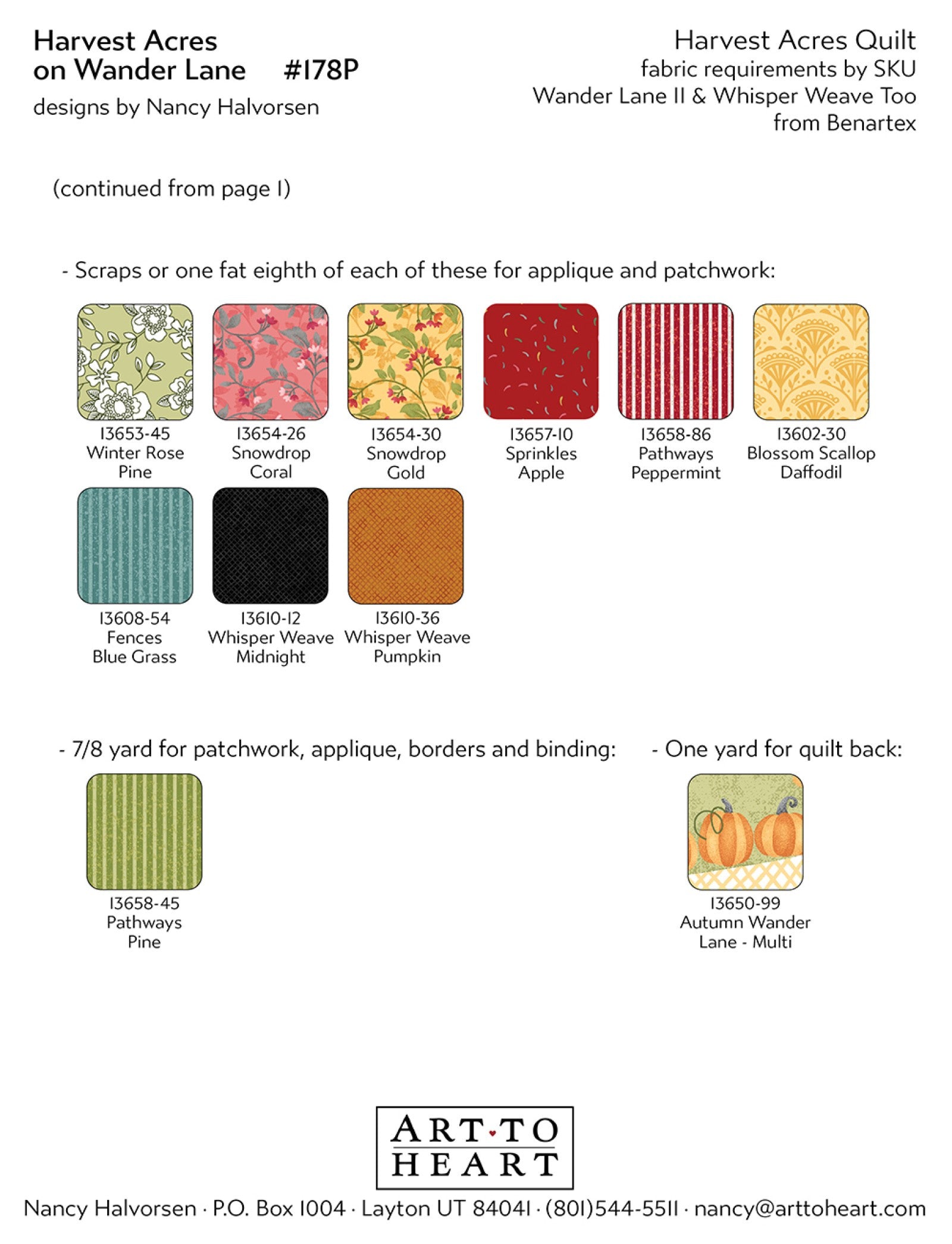 Continued fabric requirements page for the Harvest Acres quilt with additional color swatches for patchwork, borders, binding, and quilt backing.