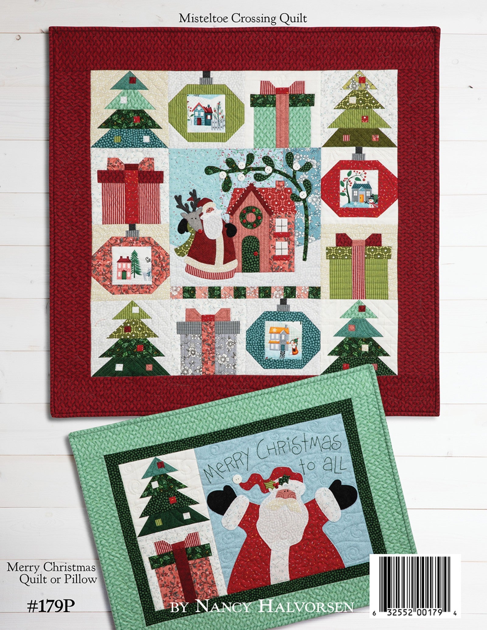 Back cover of the Mistletoe Crossing on Wander Lane pattern showing the finished Mistletoe Crossing quilt with its bonus projects and item number, by Nancy Halvorsen.