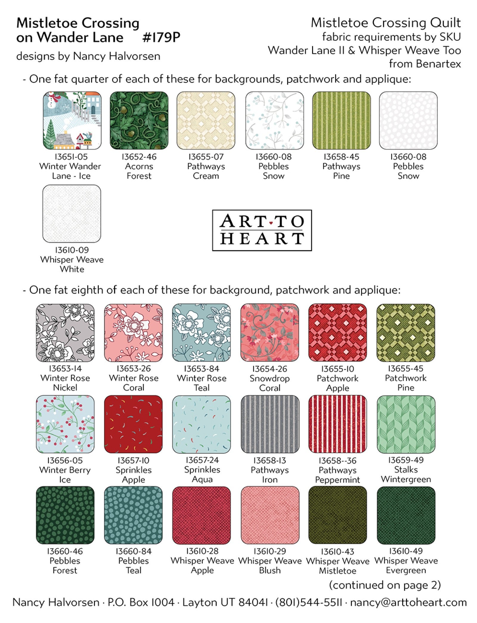 Fabric requirements page for the Mistletoe Crossing quilt listing Benartex Wander Lane and Whisper Weave fabrics with color swatches for background, patchwork, and appliqué.