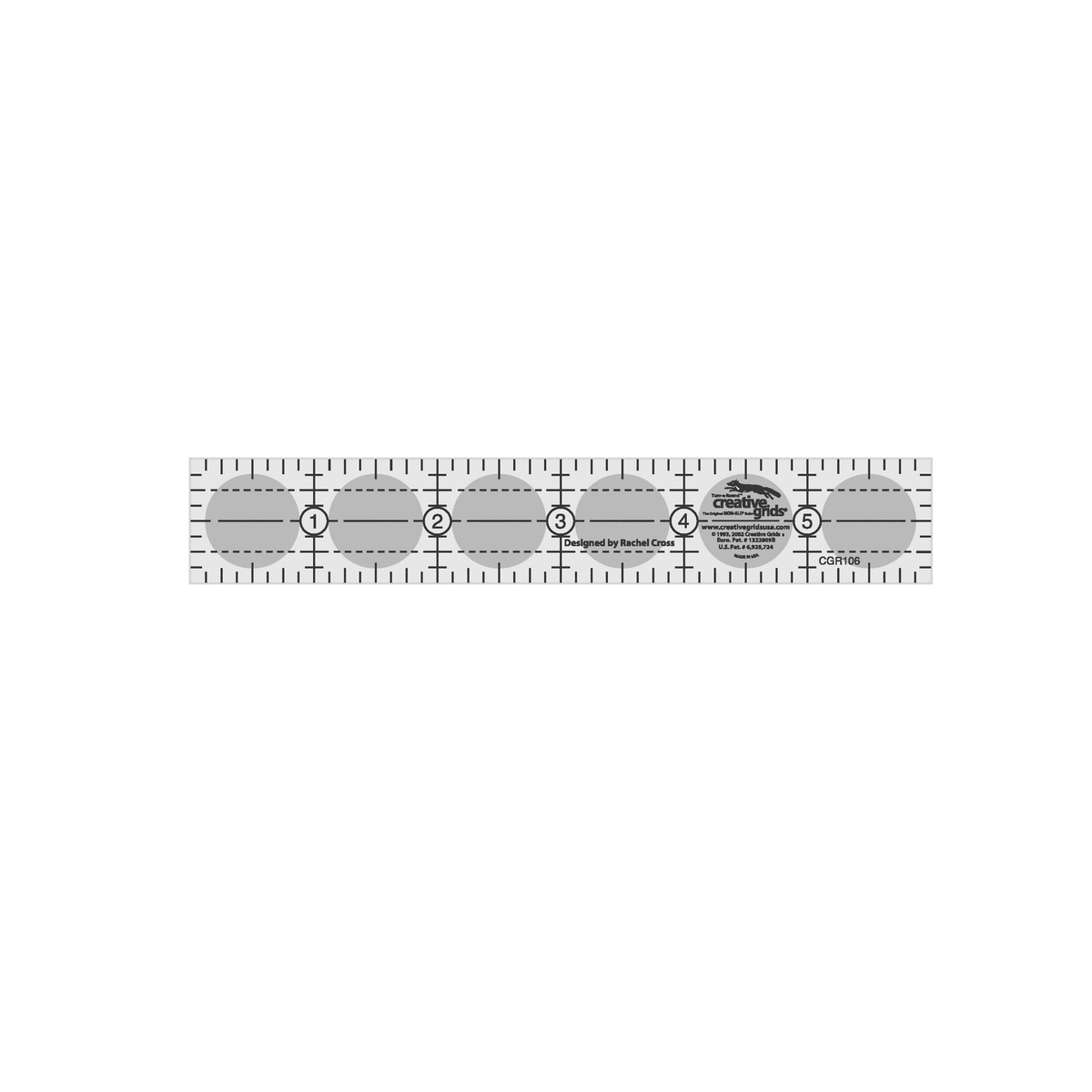 Creative Grids 1 x 6 inch rectangle quilt ruler CGR106 by Rachel Cross, grayscale render on white, laid horizontally: 1 inch grid with 1/8 inch tick marks, black numbers 1 to 5 in white circles along the center line, 1/4 inch dashed seam lines inside both long edges, a solid center line, round grip patches, and the Creative Grids non-slip logo circle marked Made in USA.