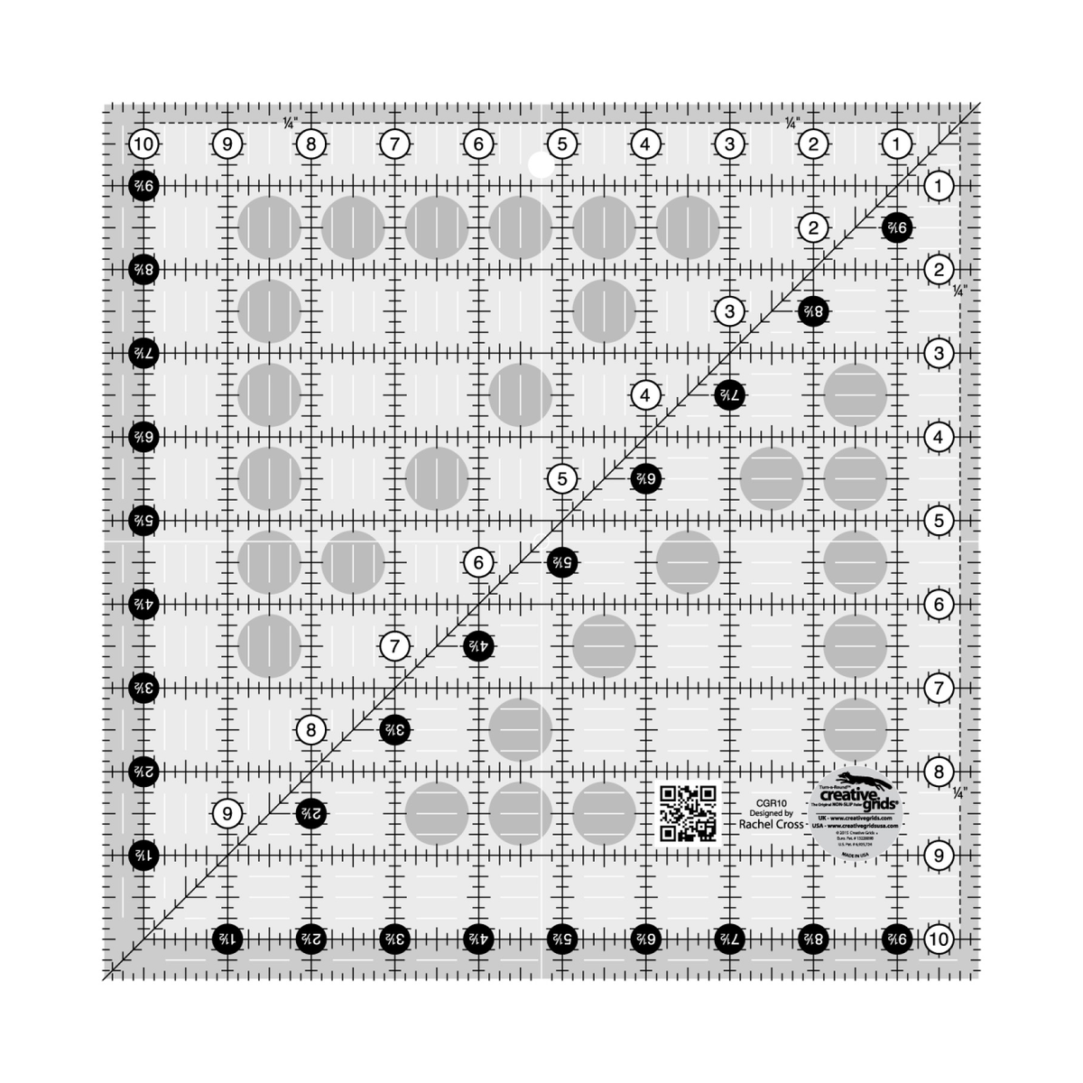 Creative Grids 10-1/2 inch square quilt ruler CGR10 by Rachel Cross, grayscale render on white: 1 inch grid with 1/8 inch tick marks, black numbers 1 to 10 in white dots on two edges, white half-inch numbers 1-1/2 to 9-1/2 in black dots on the other two, a second run of numbers along the 45 degree diagonal, 1/4 inch dashed seam line inside two edges, white centering lines, a QR code, and the Creative Grids non-slip logo circle marked Made in USA.
