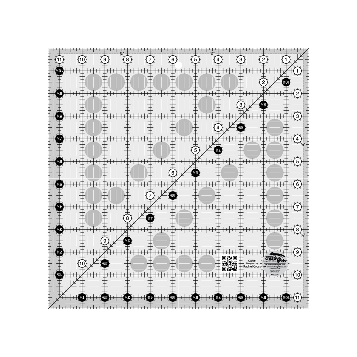 Creative Grids 11-1/2 inch square quilt ruler CGR11 by Rachel Cross, grayscale render on white: 1 inch grid with 1/8 inch tick marks, black numbers 1 to 11 in white dots on two edges, white half-inch numbers 1-1/2 to 10-1/2 in black dots on the other two, a second run of numbers along the 45 degree diagonal, 1/4 inch dashed seam line inside two edges, white centering lines, a QR code, and the Creative Grids non-slip logo circle marked Made in USA.