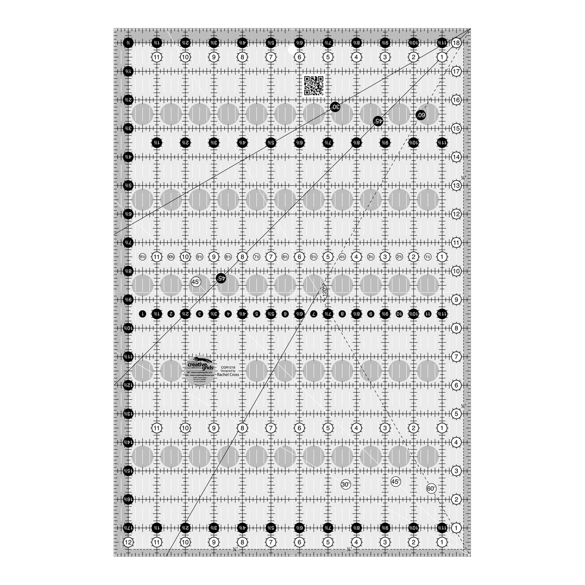 Creative Grids 12-1/2 x 18-1/2 inch rectangle quilt ruler CGR1218 by Rachel Cross, grayscale render on white: 1 inch grid with 1/8 inch tick marks, black numbers 1 to 18 in white dots up one long edge and 1 to 12 along the bottom, white half-inch numbers in black dots on the other two edges, black 30, 45, and 60 degree lines from the top corner, white 30, 45, and 60 degree lines from the bottom corner, a dashed 120 degree guide, white centering lines, a QR code, and the Creative Grids logo circle.