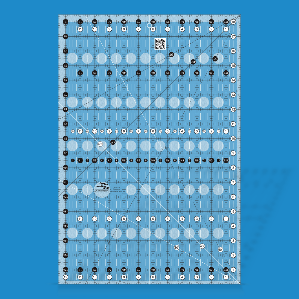 Creative Grids 12-1/2 x 18-1/2 inch rectangle quilt ruler CGR1218 by Rachel Cross rendered in translucent blue acrylic with black and white grid markings, whole-inch numbers in white dots, half-inch Turn-a-Round numbers in black dots, 30, 45, and 60 degree lines in black and white, a dashed 120 degree guide, and white centering lines.