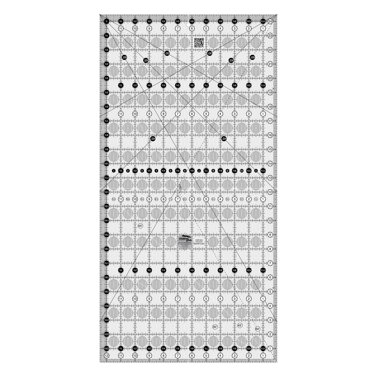Creative Grids 12-1/2 x 24-1/2 inch rectangle quilt ruler CGR1224 by Rachel Cross, grayscale render on white: 1 inch grid with 1/8 inch tick marks, black numbers 1 to 24 in white dots up one long edge and 1 to 12 along the bottom, white half-inch numbers in black dots on the other two edges, black 30, 45, and 60 degree lines from both top corners, white 30, 45, and 60 degree lines from the bottom corner, a dashed 120 degree guide, white centering lines, a QR code, and the Creative Grids logo circle.