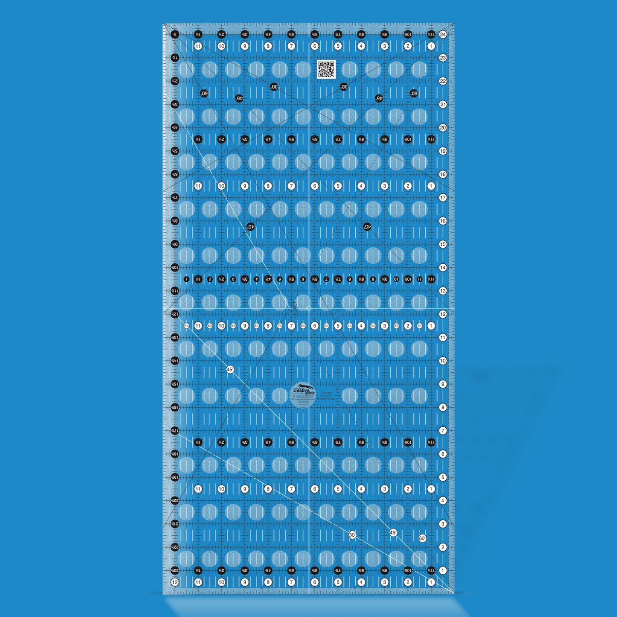 Creative Grids 12-1/2 x 24-1/2 inch rectangle quilt ruler CGR1224 by Rachel Cross rendered in translucent blue acrylic with black and white grid markings, whole-inch numbers in white dots, half-inch Turn-a-Round numbers in black dots, 30, 45, and 60 degree lines in black and white, a dashed 120 degree guide, and white centering lines.