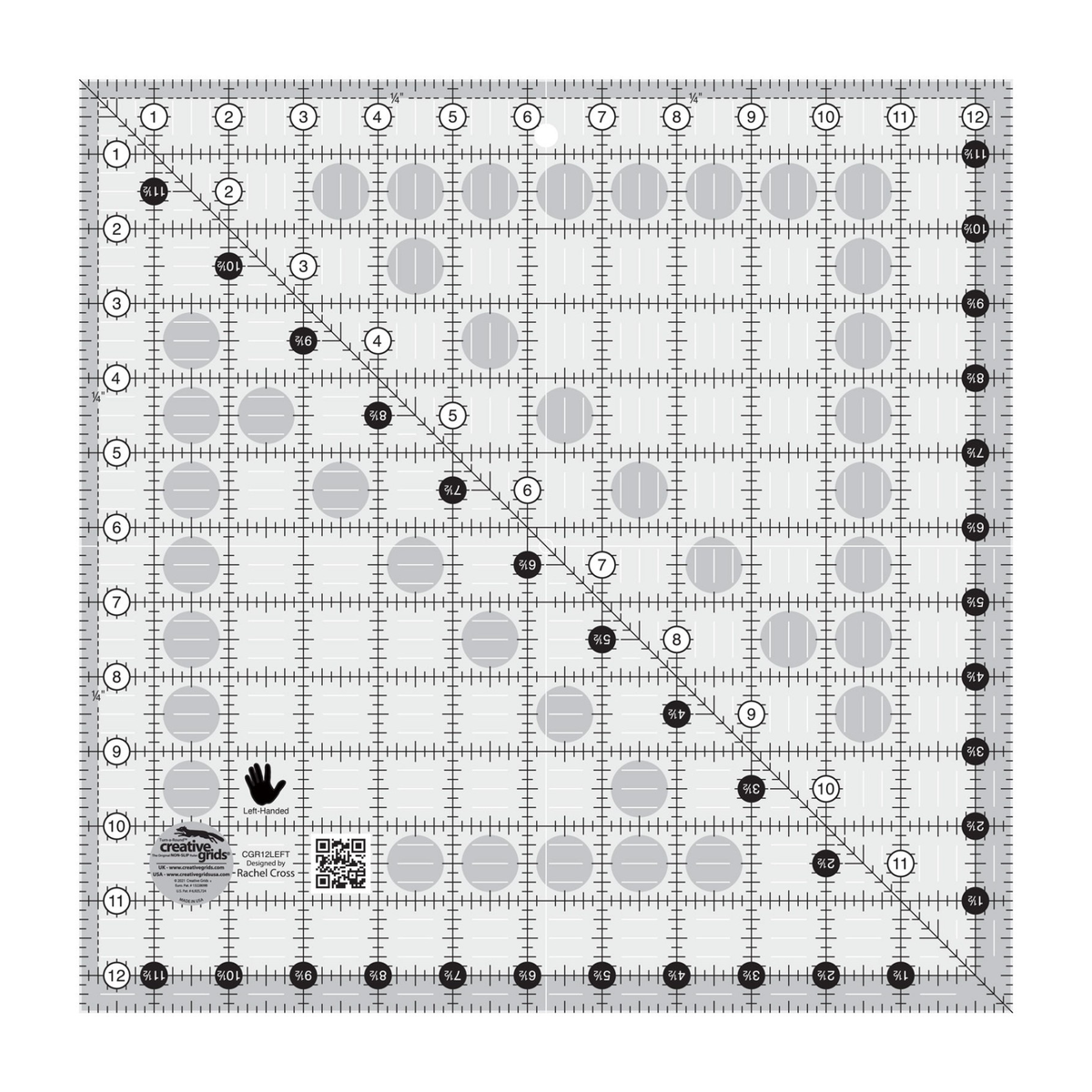 Creative Grids left handed 12-1/2 inch square quilt ruler CGR12LEFT by Rachel Cross, grayscale render on white: 1 inch grid with 1/8 inch tick marks, black numbers 1 to 12 in white dots along the top and left edges, white half-inch Turn-a-Round numbers in black dots on the right and bottom, one 45 degree diagonal from top left to bottom right, 1/4 inch dashed seam line inside the top and left edges, white centering lines, a left-hand icon, a QR code, and the Creative Grids logo circle.