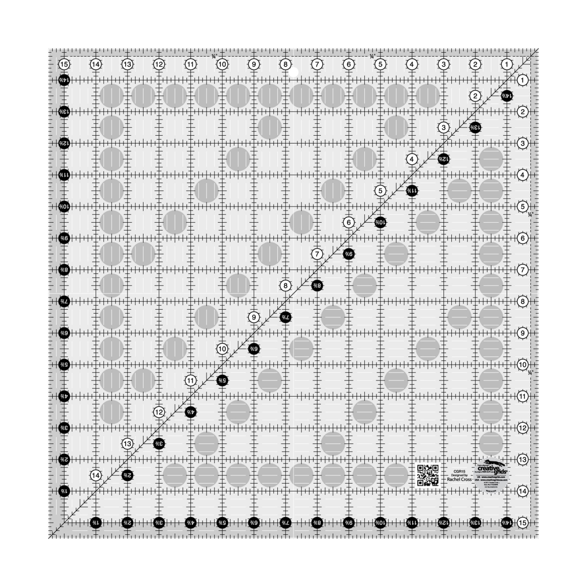 Creative Grids 15-1/2 inch square quilt ruler CGR15 by Rachel Cross, grayscale render on white: 1 inch grid with 1/8 inch tick marks, black numbers 1 to 15 in white dots on two edges, white half-inch numbers 1-1/2 to 14-1/2 in black dots on the other two, a second run of numbers along the 45 degree diagonal, 1/4 inch dashed seam line inside two edges, white centering lines, a QR code, and the Creative Grids non-slip logo circle marked Made in USA.