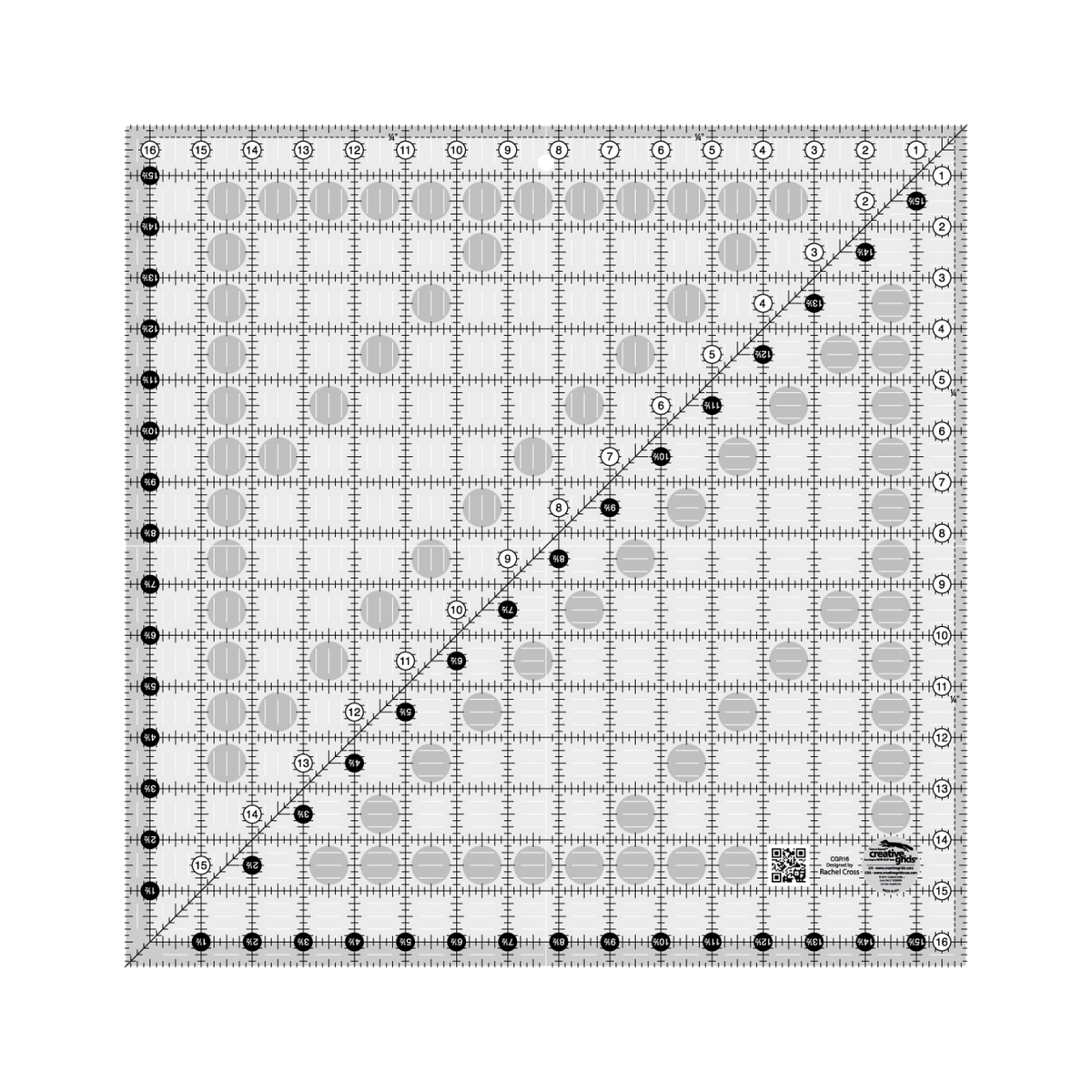 Creative Grids 16-1/2 inch square quilt ruler CGR16 by Rachel Cross, grayscale render on white: 1 inch grid with 1/8 inch tick marks, black numbers 1 to 16 in white dots on two edges, white half-inch numbers 1-1/2 to 15-1/2 in black dots on the other two, a second run of numbers along the 45 degree diagonal, 1/4 inch dashed seam line inside two edges, white centering lines, a QR code, and the Creative Grids non-slip logo circle marked Made in USA.