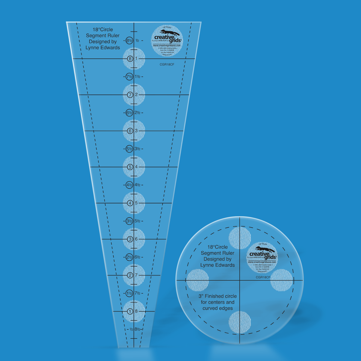 Creative Grids 18 Degree Dresden Plate CGR18CF by Lynne Edwards in translucent blue acrylic: a wedge ruler with two center number scales to 8 1/2 inches and dashed lines inside the angled sides, beside a round template printed 3 inch Finished circle for centers and curved edges.