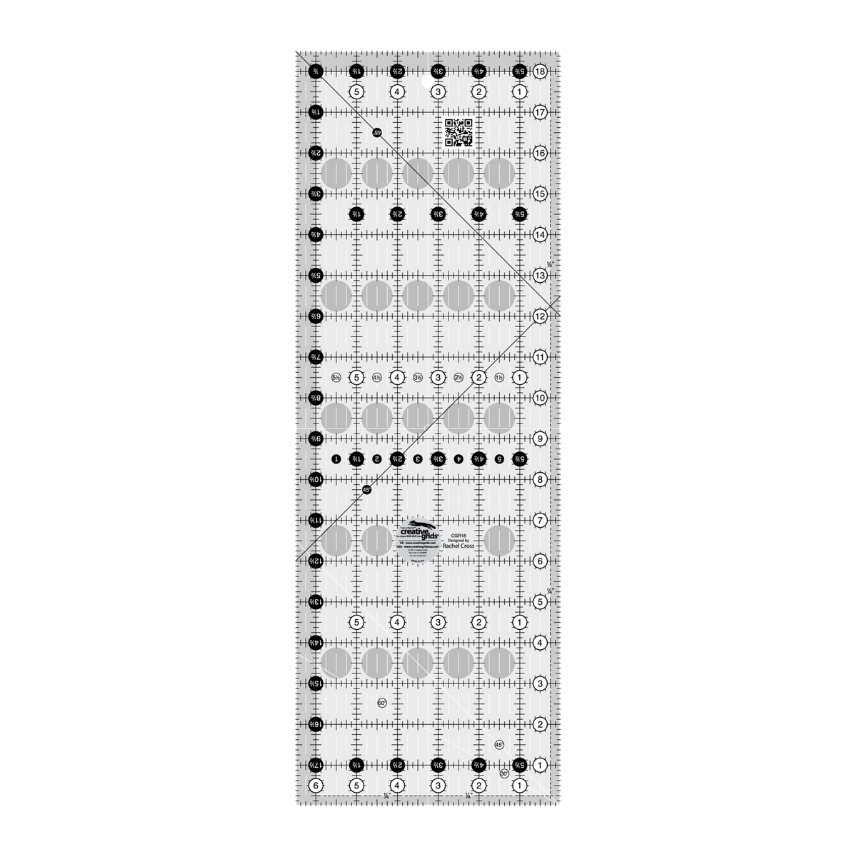 Creative Grids 6-1/2 x 18-1/2 inch rectangle quilt ruler CGR18 by Rachel Cross, grayscale render on white: 1 inch grid with 1/8 inch tick marks, black numbers 1 to 18 in white dots up one long edge and 1 to 6 along the bottom, white half-inch Turn-a-Round numbers in black dots on the other two edges, two black 45 degree lines crossing on the 1/4 inch seam line, a white 45 degree line and a white 30/60 line at one end, white centering lines, a QR code, and the Creative Grids logo circle.