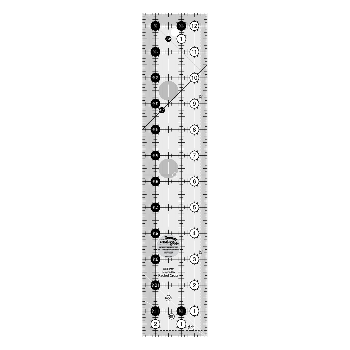Creative Grids 2-1/2 x 12-1/2 inch rectangle quilt ruler CGR212 by Rachel Cross, grayscale render on white: 1 inch grid with 1/8 inch tick marks, black numbers 1 to 12 in white dots up one long edge and 1 to 2 along the bottom, white half-inch Turn-a-Round numbers in black dots on the other two edges, two black 45 degree lines crossing on the 1/4 inch seam line, a white 45 degree line and a white 30/60 line at one end, white centering lines, and the Creative Grids logo circle.